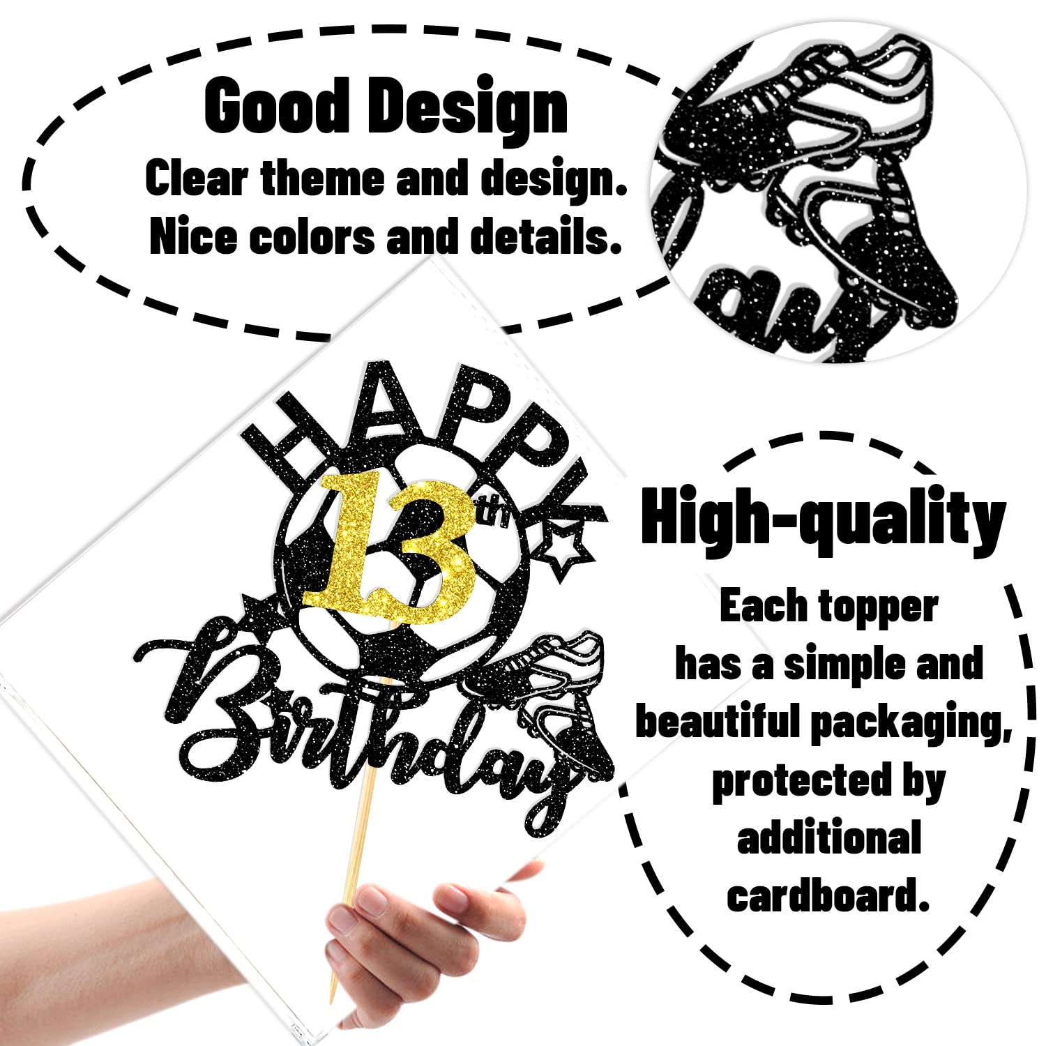 Glitter Soccer Happy 13th Birthday Cake Topper - Soccer Player & Football Theme Party Decorations for Boys & Girls - Perfect for Birthday Cakes, Cupcakes, and Dessert Tables at Sports-Themed Celebrations