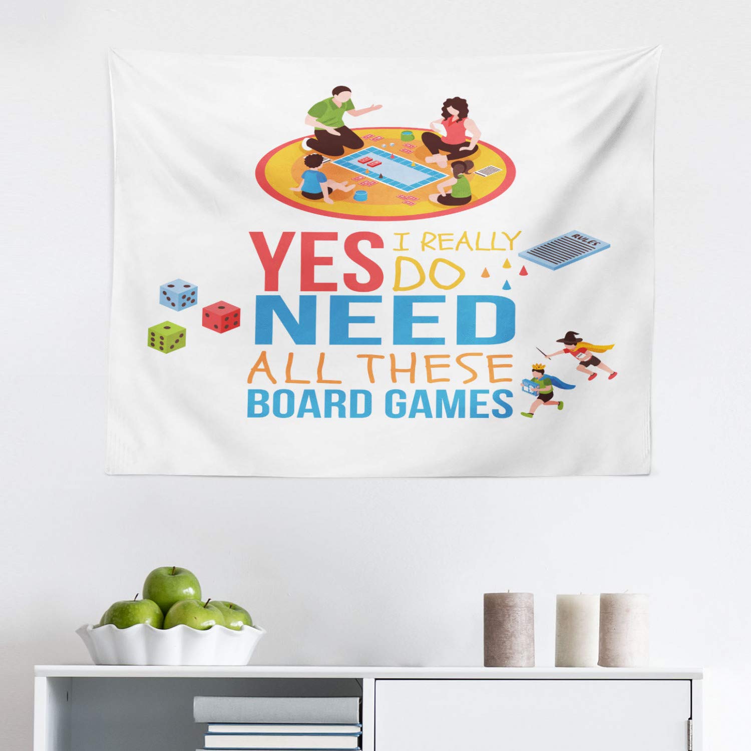 Ambesonne Board Game Themed Tapestry - 'Yes I Really Do Need All These Board Games' Wall Art Decor for Bedroom, Living Room & Dorm - 28x23 Inch Lime Green Fabric Wall Hanging - Perfect for Game Nights & Family Gatherings