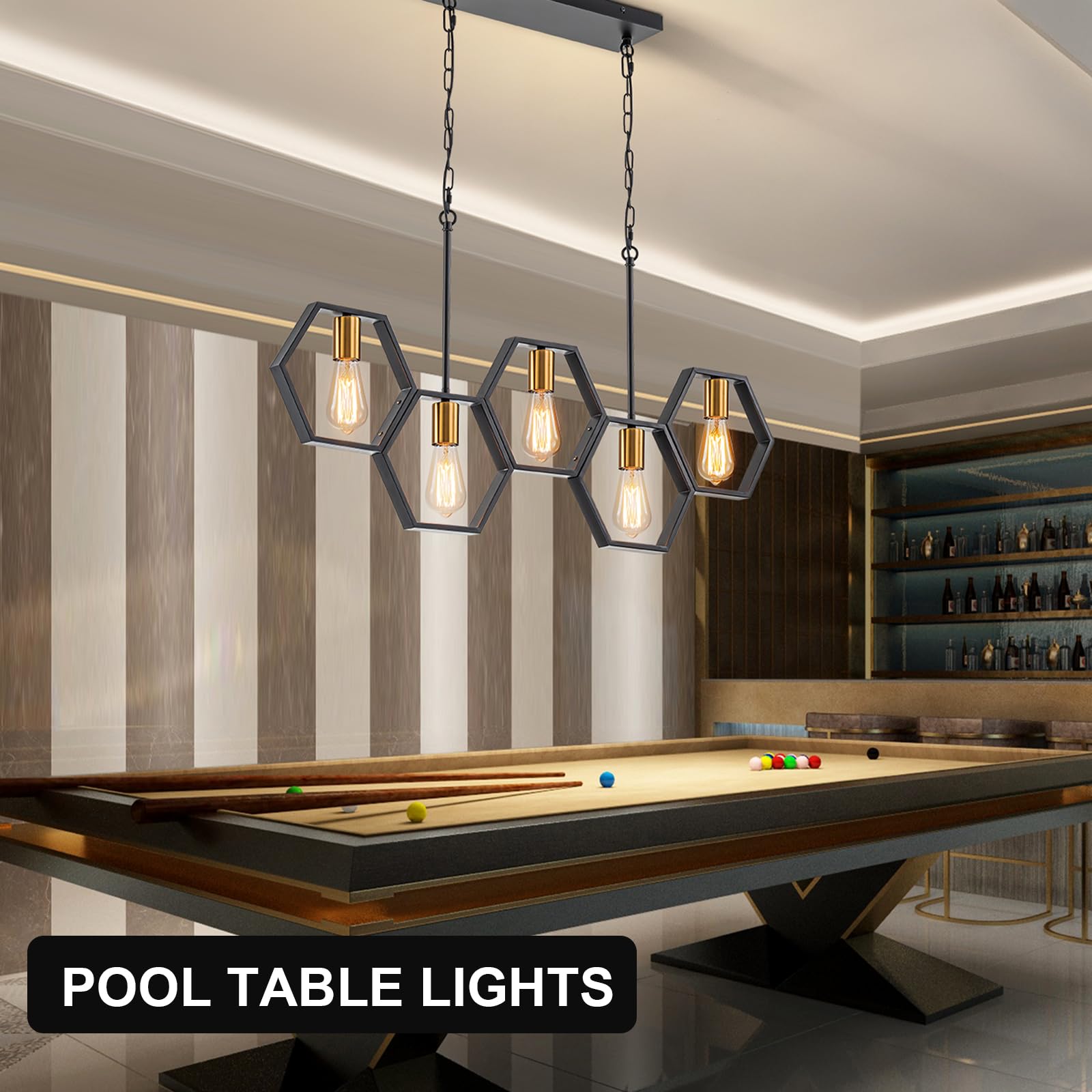 Farmhouse 5-Light Kitchen Island Chandelier - Adjustable Height Industrial Rectangular Pendant Light for Dining Room & Pool Table (Black/Gold) - Perfect for Farmhouse Decor, Kitchen Islands, and Game Room Lighting