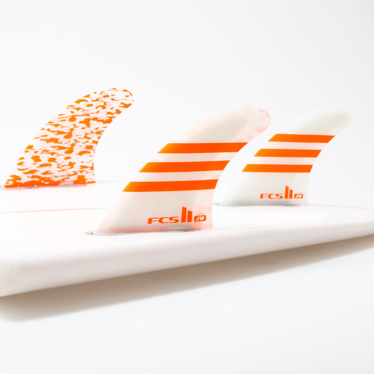 Julian Wilson FCS II THRUSTER PC AIRCORE Tri Surfboard Fins - Large Size, Orange/White - Perfect for High-Performance Surfing & Wave Riding