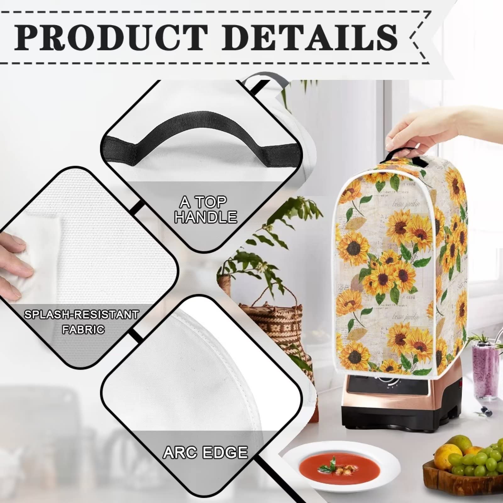 Sunflower Print Blender Cover - Universal Dustproof Kitchen Appliance Cover with Handle, Washable for Food Processors, Juicers & Coffee Makers | Perfect for Countertop Protection & Small Appliance Storage