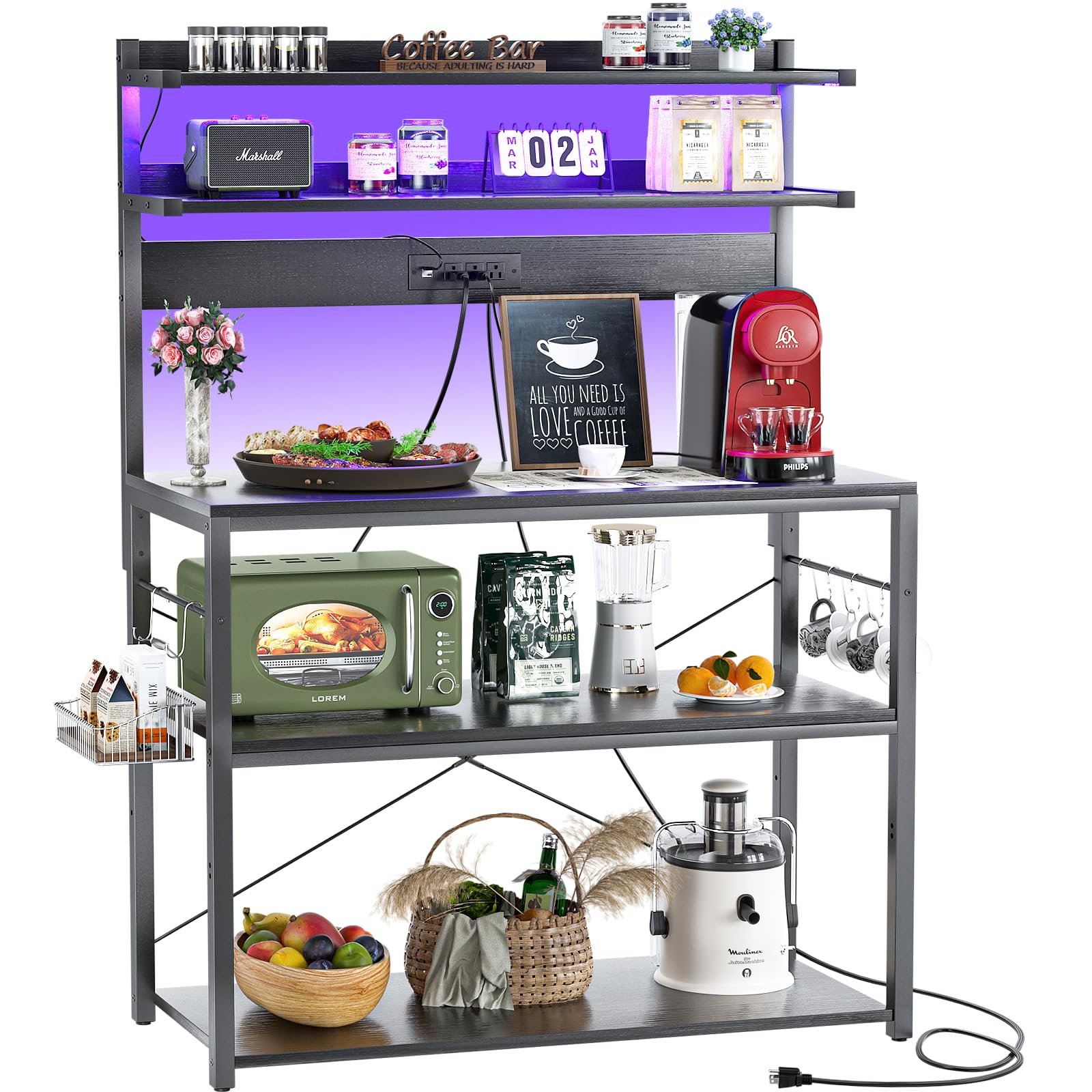 Aheaplus 5-Tier Bakers Rack with Power Outlet & LED Lights - Microwave Stand, Kitchen Storage Shelf with 6 S-Hooks - Perfect Coffee Bar Station for Small Spaces, Kitchen Organization & Home Decor (Black)