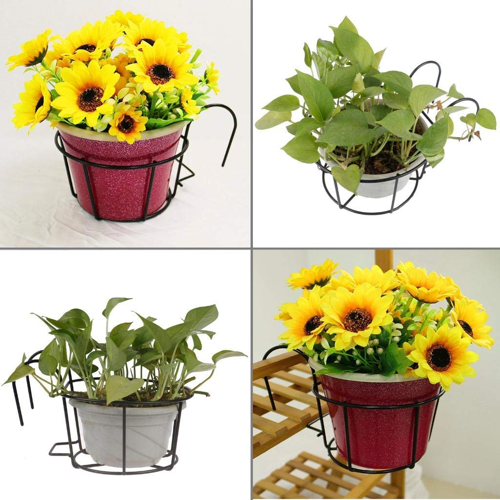 4 Pack Hanging Planters for Railings - Metal Flower Pot Holders with Iron Stand, Balcony Garden Plant Baskets for Outdoor Decor, Fence & Deck Rail Planter (Round Steel Pots) - Perfect for Patio, Porch, and Urban Gardening Spaces