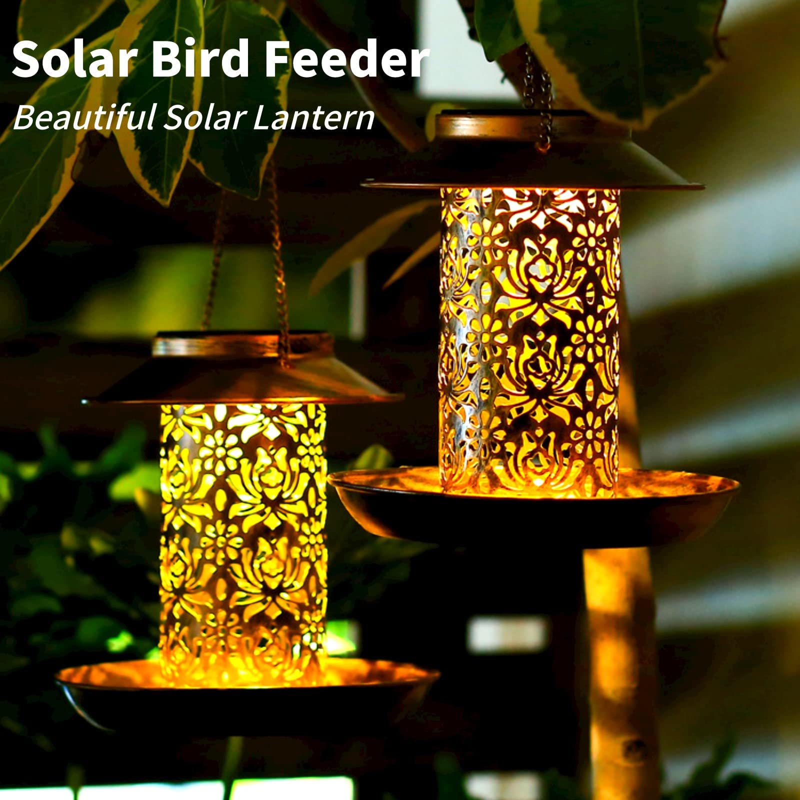 Solar-Powered Squirrel-Proof Bird Feeder - Metal Hanging Wild Bird Seed Feeder with LED Lantern Light for Outdoor Garden, Backyard & Landscape Decoration | Perfect Gift for Bird Lovers & Nature Enthusiasts | Attracts Cardinals, Finches & Songbirds to Your Yard