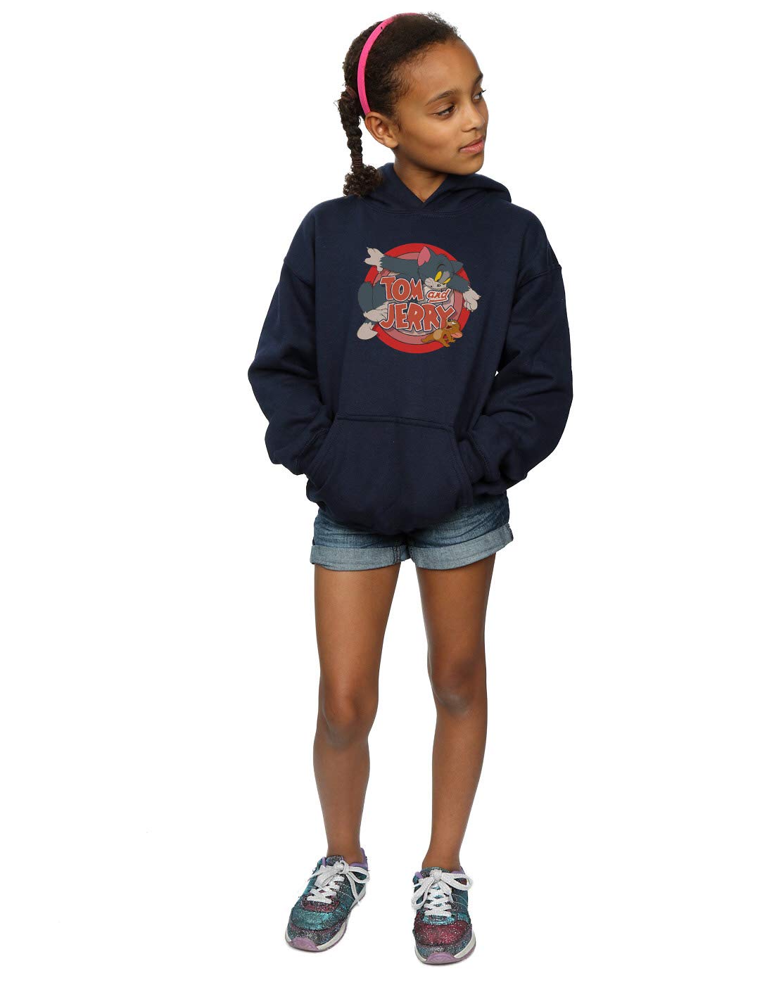 TOM and JERRY Girls Classic Catch Hoodie - Navy Blue Pullover Sweatshirt for Kids Age 5-6 | Cute Cartoon Character Hooded Jacket for School, Playdates & Outdoor Activities