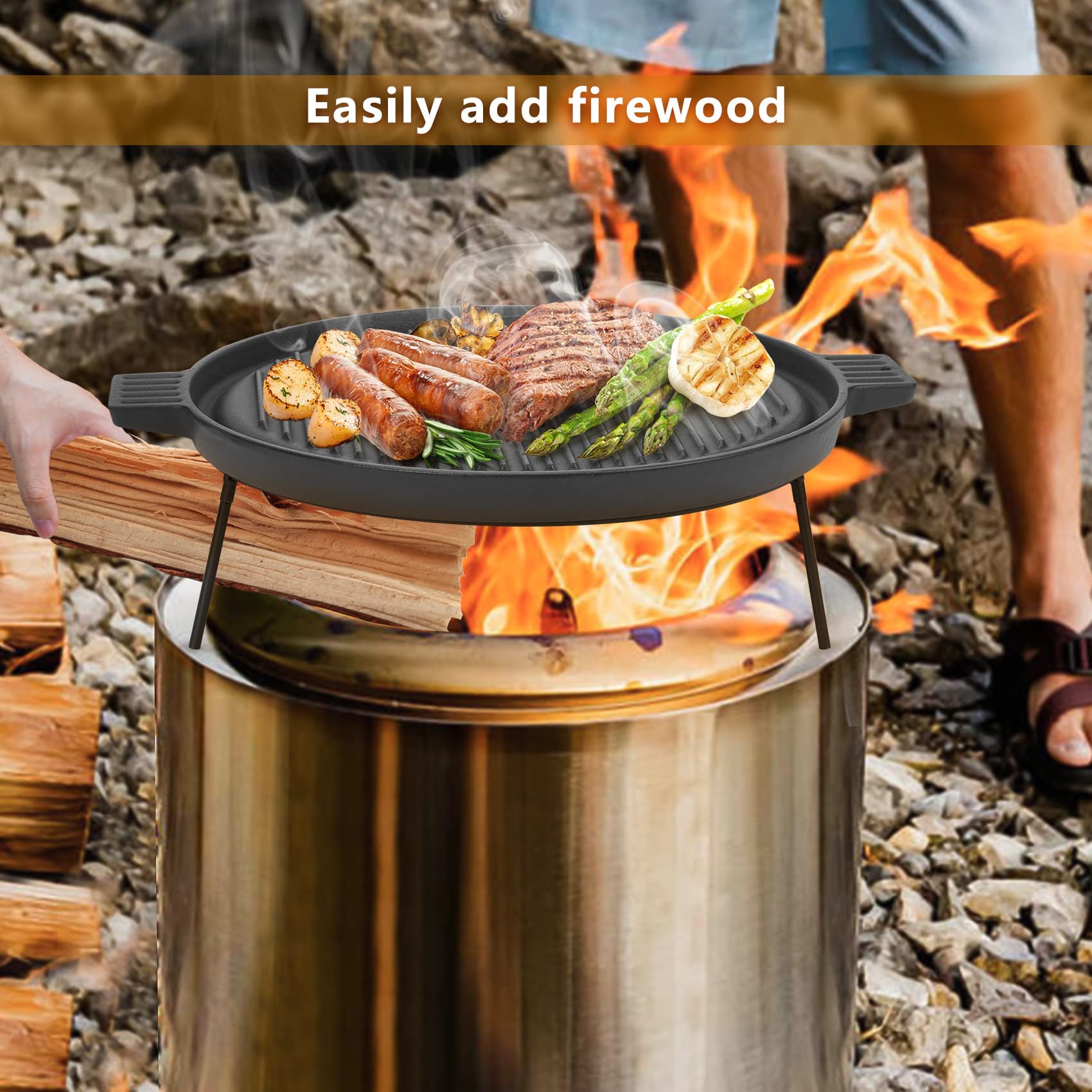 Onlyfire 14 Inch Double Sided Reversible Cast Iron Griddle for Solo Stove Ranger | Detachable Legs & Raised Top Cookware | Perfect for Camping, Backyard BBQs & Outdoor Cooking with 15 Inch Fire Pit
