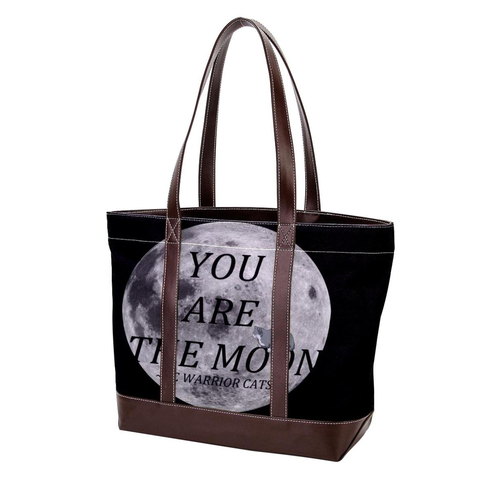Premium Large Leather & Canvas Tote Bag for Women - Super Moon Full Wolf Design - Top Handle Shoulder Satchel Hobo Purse - Perfect for Work, Travel, and Everyday Use