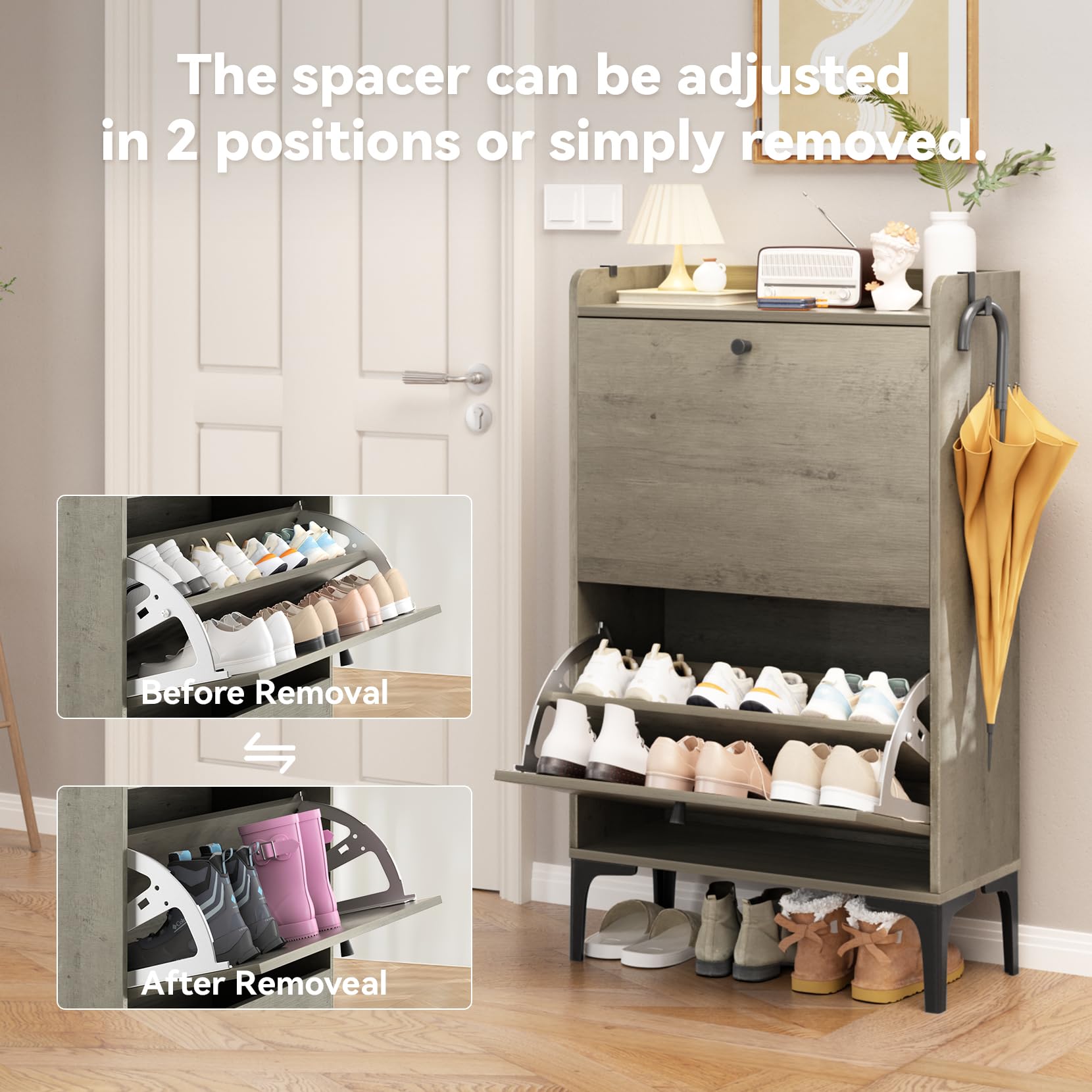Dripex 2-Tier Flip Drawer Shoe Storage Cabinet - Modern Adjustable Narrow Shoe Rack with Metal Legs, Freestanding Entryway Organizer for Hallway, Living Room, Bedroom (23