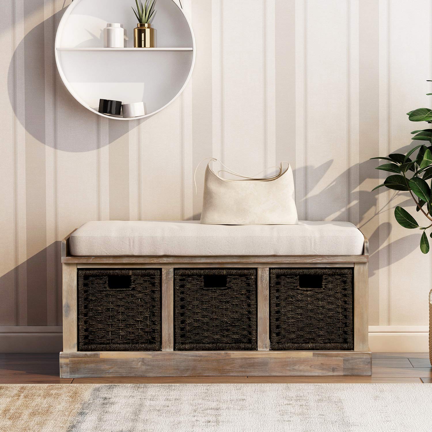 Merax Fully Assembled Entryway Storage Bench with 3 Removable Baskets & Cushion - Shoe Organizer for Hallway, Living Room - Perfect for Small Space Organization & Home Decor