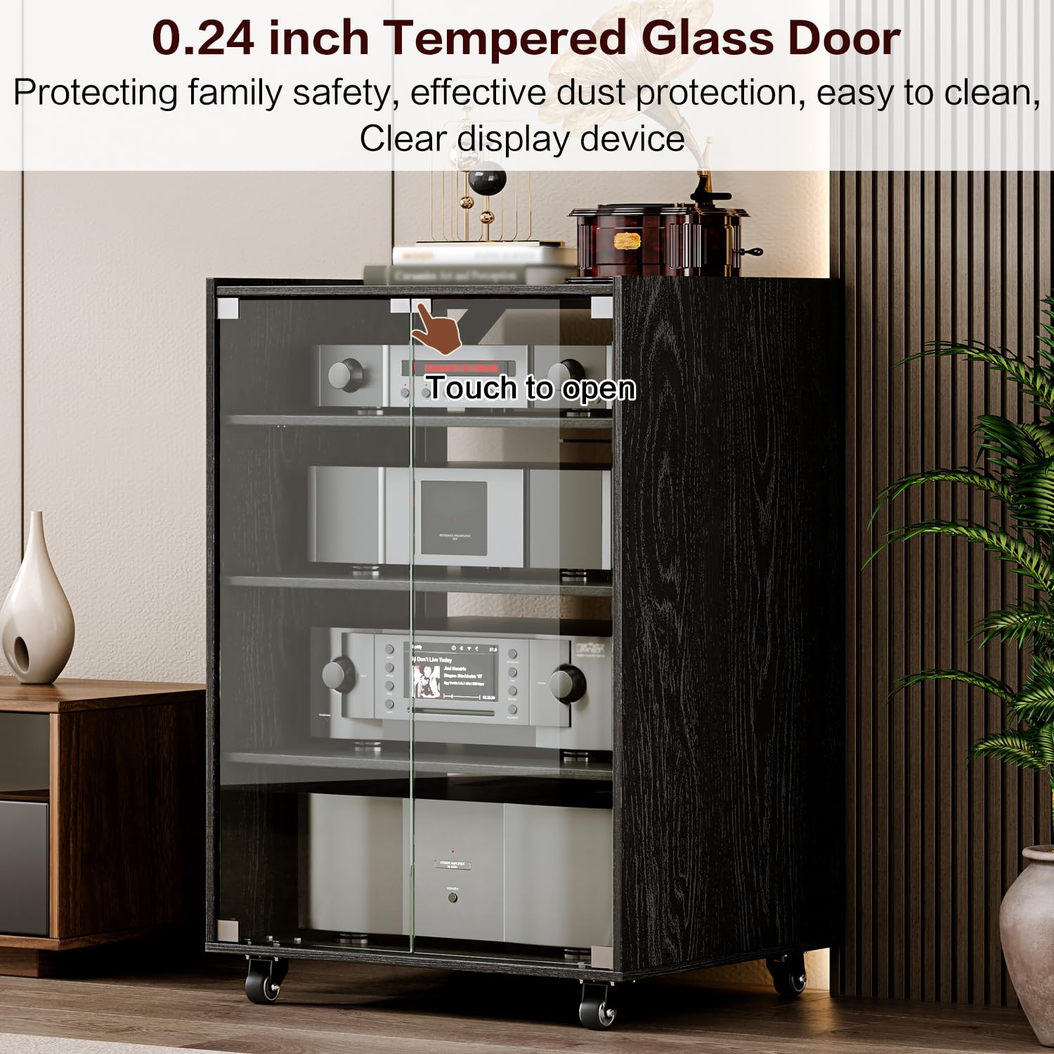 YYJ Modern Rolling AV Media Stand with 4 Adjustable Shelves & Glass Doors - Entertainment Storage Cabinet for Gaming, TV, Stereo Components - Perfect for Living Room & Home Theater Setup