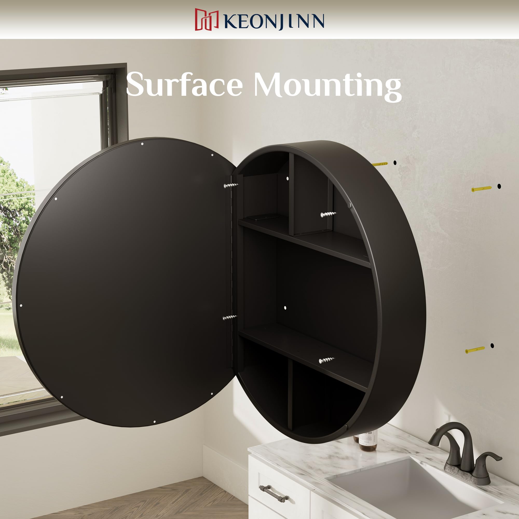 Keonjinn 26 Inch Round Black Medicine Cabinet with Mirror - Surface Mount Metal Frame Bathroom Storage - Farmhouse Style Wall Mounted Vanity Mirror with Detachable Shelves for Bathroom, Bedroom & Entryway Organization