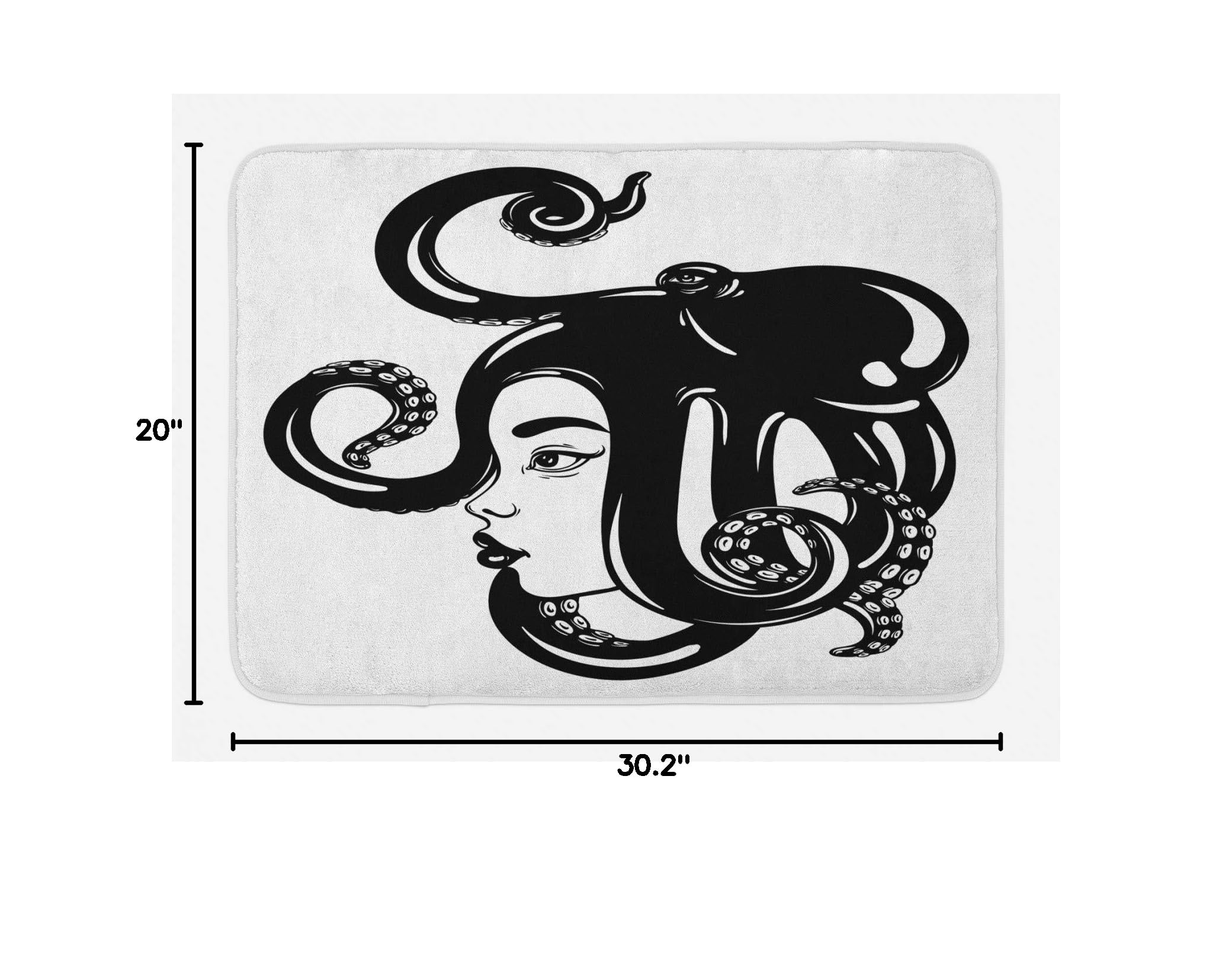 Ambesonne Non-Slip Plush Bath Mat - Hand Drawn Sea Monster Design with Octopus Lady in Monochrome, 30.2 x 20 Inches, Charcoal Grey & White - Perfect for Bathroom Decor, Kids' Room, or Coastal-Themed Home