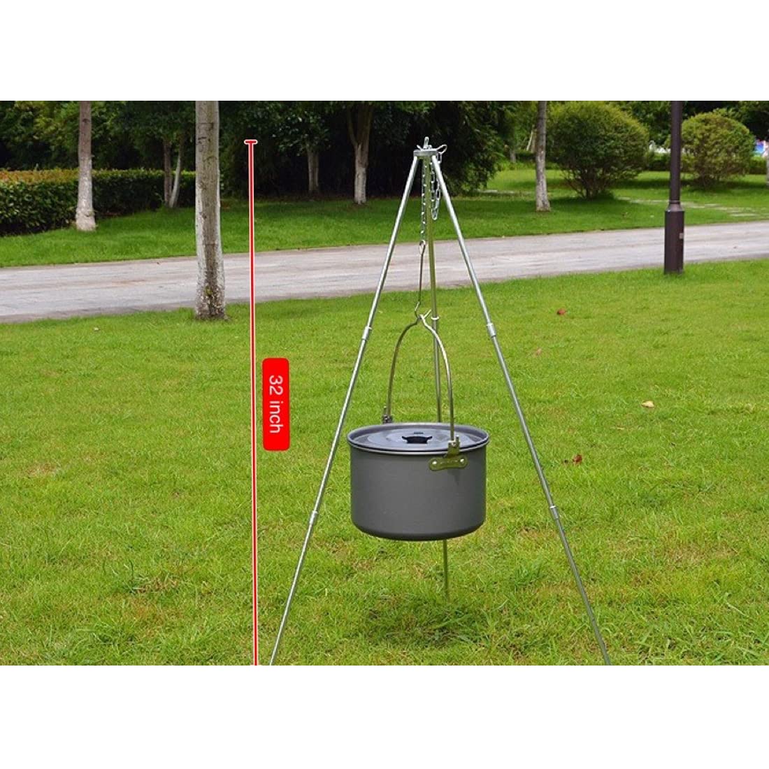 Portable Adjustable Camping Tripod Stand with Dutch Oven & Grill - Compact Outdoor Cooking Tripod Set for Campfire, Backpacking, BBQ - Includes Storage Bag & Lantern Hanger (Perfect for Camping, Hiking, Picnics & Outdoor Adventures)