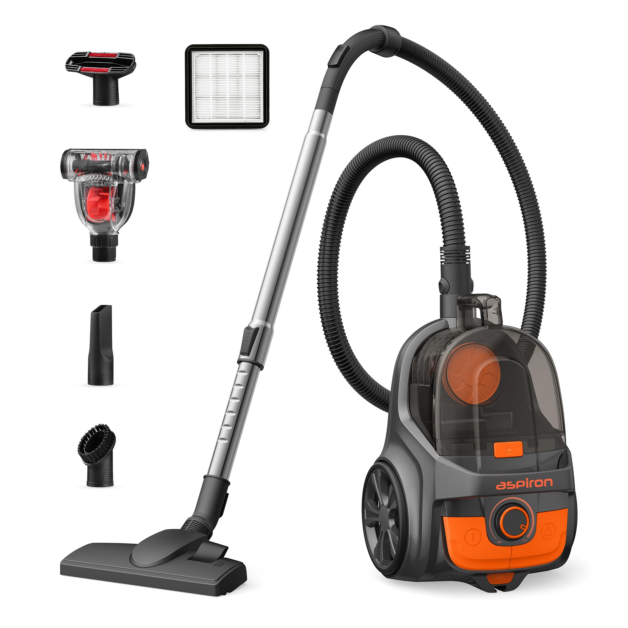 Aspiron 24KPa Bagless Canister Vacuum Cleaner - 1200W Powerful Suction, 3.7QT Large Dust Cup, Double HEPA Filtration System, Retractable Cord, 5 Attachments for Hard Floors & Carpets - Lightweight Home Cleaning for Pet Hair, Dust & Debris (Black)