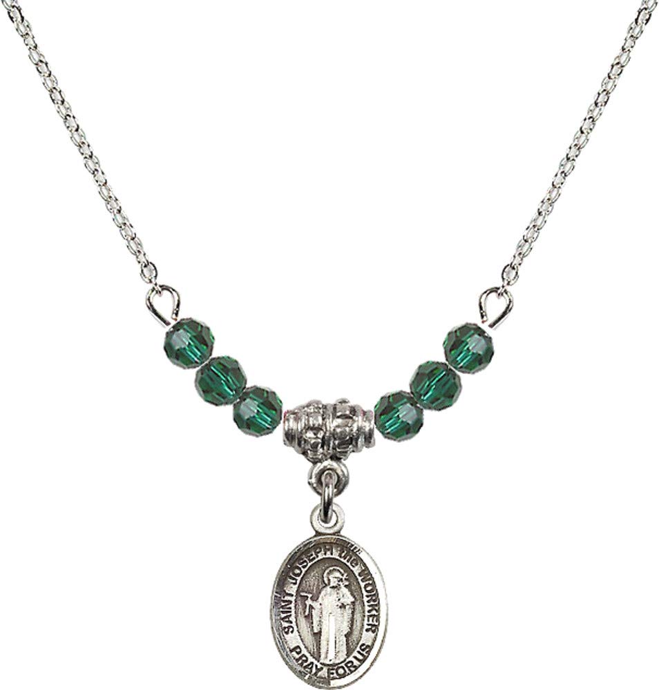 Bonyak Jewelry 18 Inch Rhodium Plated Necklace with 4mm Green May Birthstone Beads & Saint Joseph The Worker Pendant - Perfect for Birthdays, Baptisms & Religious Gifts