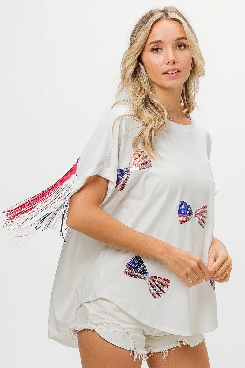 BiBi Patriotic American Flag Sequin Ribbon T-Shirt - Stylish USA Pride Top for Women, Perfect for 4th of July, Memorial Day & Independence Day Celebrations