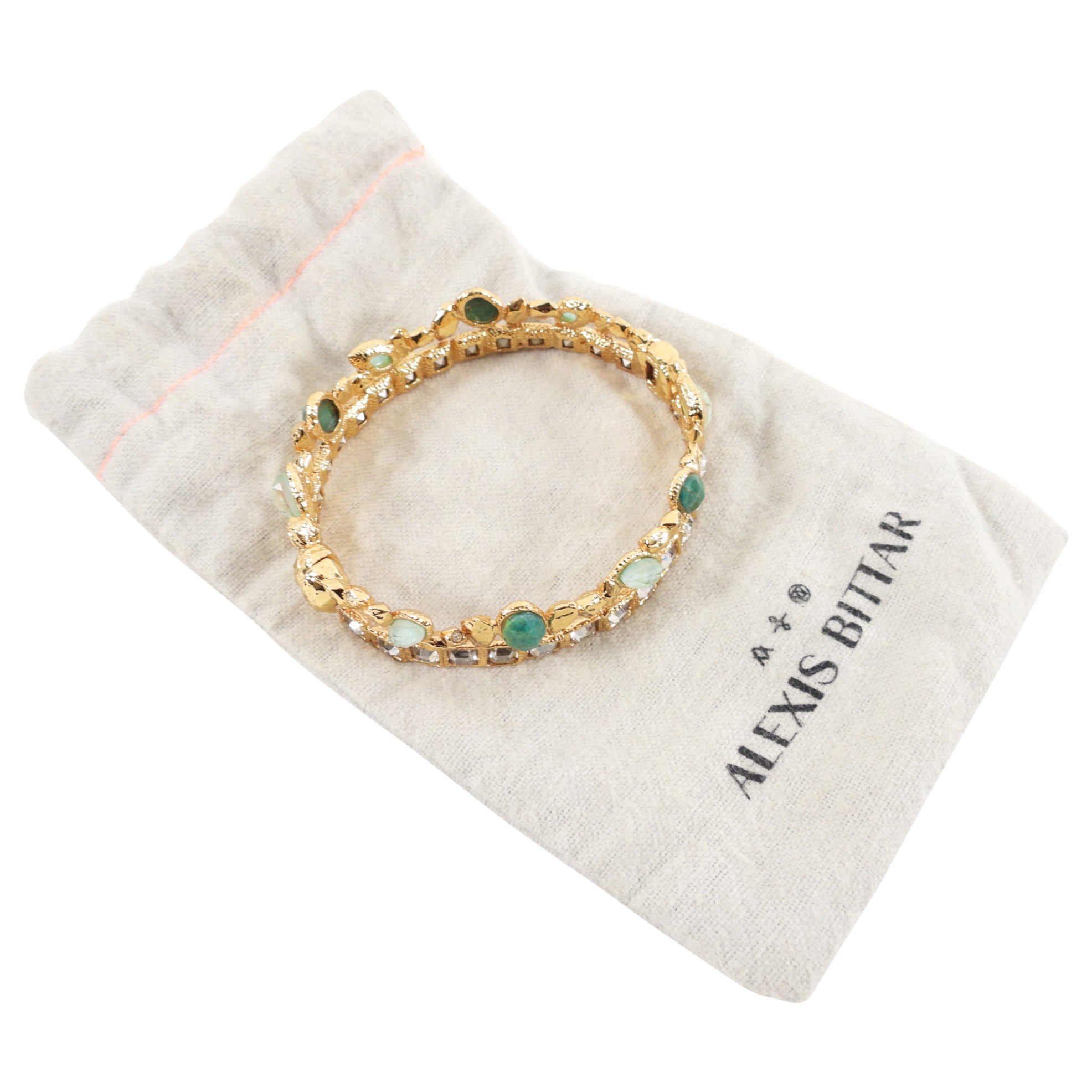 Alexis Bittar Green Crystal Embellished Gold Tone Bangle Bracelet for Women - Elegant Statement Jewelry for Parties, Weddings & Special Occasions