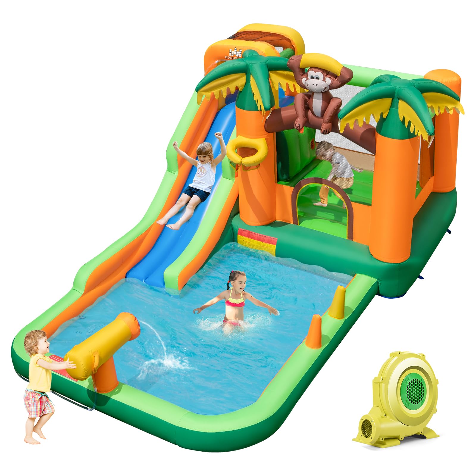 BOUNTECH Inflatable Water Slide with Splash Pool - Jungle Monkey Bounce House for Kids Outdoor Play, 680W Blower Included | Perfect for Backyard Parties, Summer Fun, and Birthday Gifts | Durable Water Slides Inflatables for Big Kids and Family Gatherings
