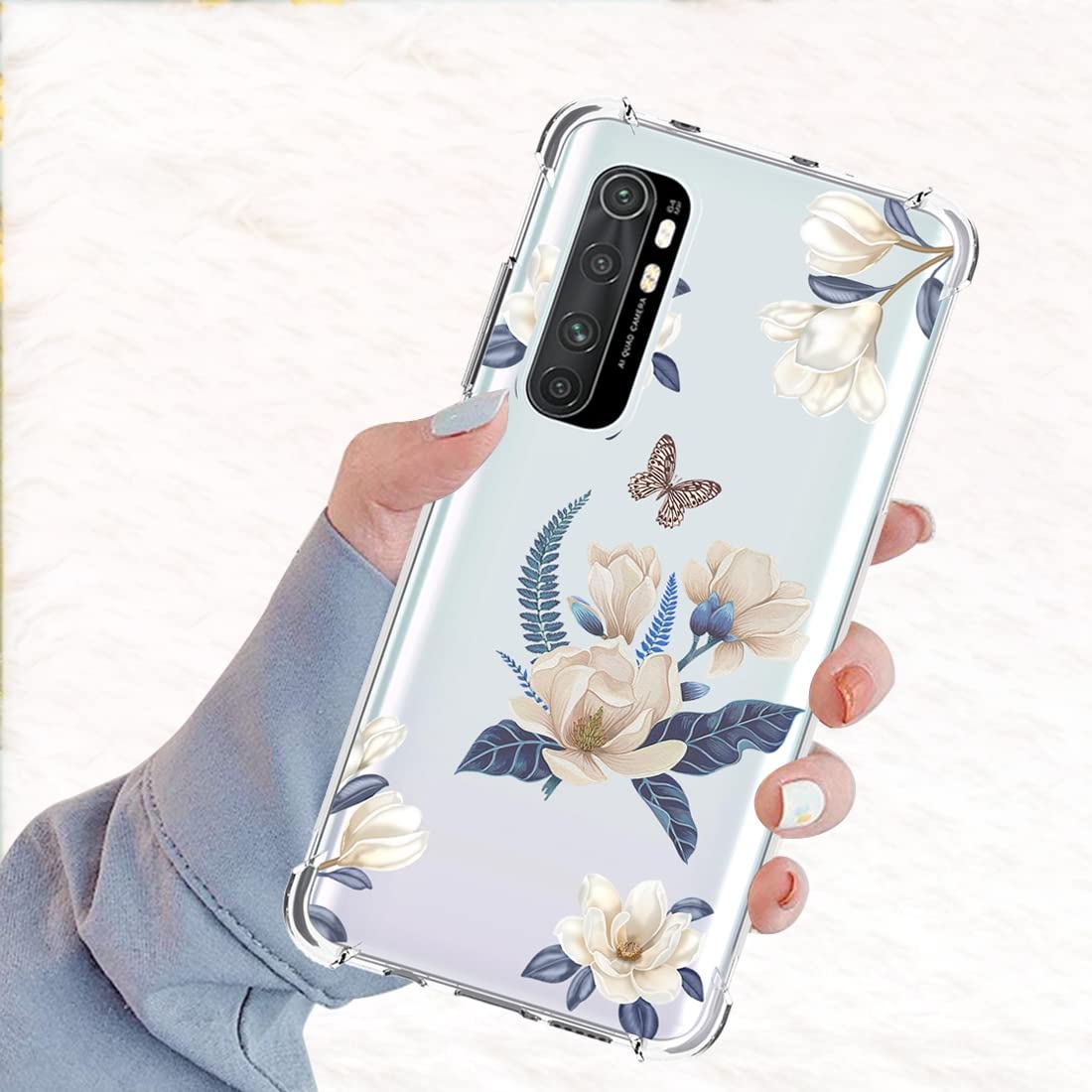 Xiaomi Note 10 Lite Case for Women - Cute Clear Slim Shockproof TPU Rubber Phone Cover with Floral Design | Protective Case for Xiaomi Mi Note 10 Lite M2002F4LG | Perfect for Everyday Use, Work & Travel (White Flower Pattern)