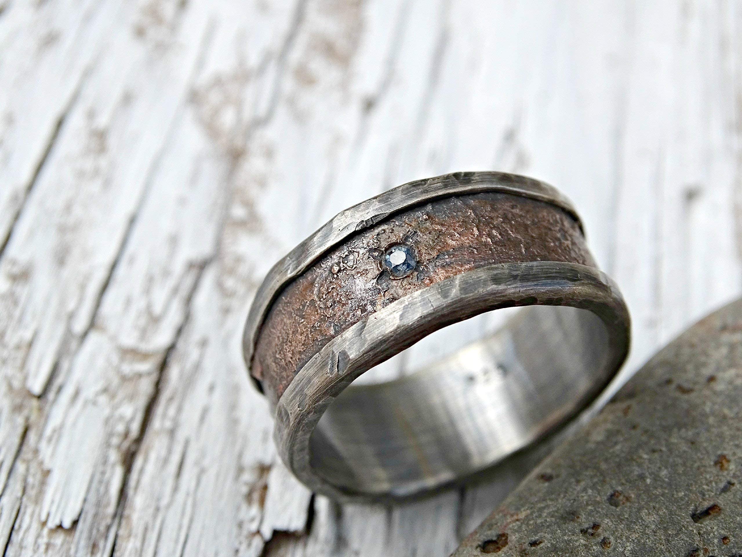 Unique Silver Bronze Men's Ring - Personalized Raw Gemstone Engagement & Wedding Band - Rustic Big Size Birthstone Ring for Men - Perfect for Gifts, Proposals, and Everyday Wear