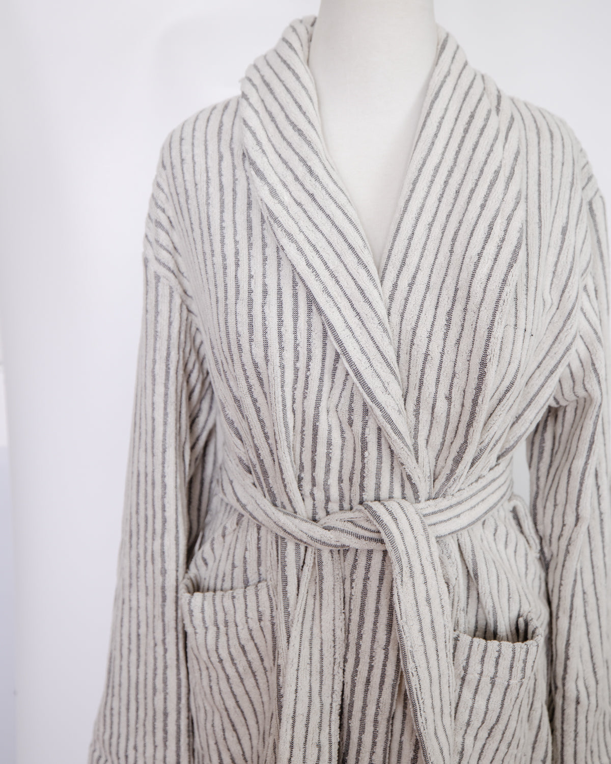 Soft Grey Striped Terry Cloth Bathrobe for Women & Men - Cozy Plush Robe with Pockets - Perfect for Spa, Lounge & After Shower Relaxation at Home