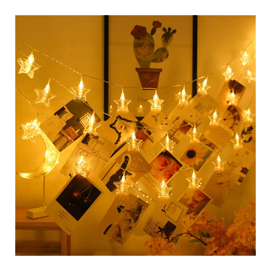 20 LED Fairy String Lights with 20 Clear Clips - 10Ft Photo Clip Lights for Hanging Pictures, Perfect for Dorm Bedroom Wall Decor & Wedding Decorations (Star) | Ideal for Parties, Home Decor, and DIY Projects