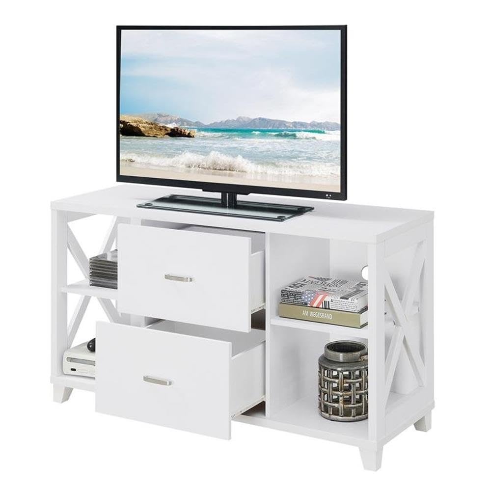 Pemberly Row 47 Inch TV Stand Entertainment Center with 2 Drawers - White Modern TV Console for Living Room, Bedroom & Home Theater Setup