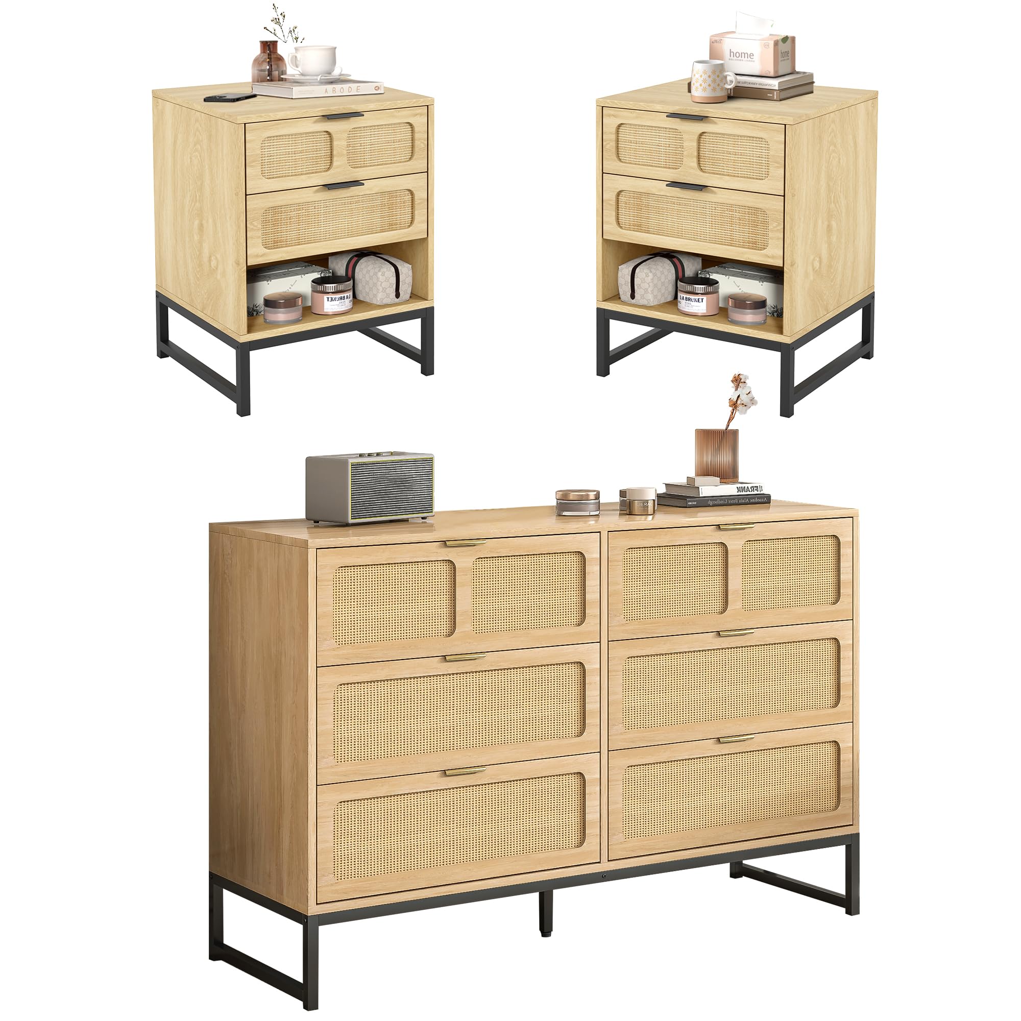 Boho Rattan 3-Piece Bedroom Set with 6-Drawer Dresser & Nightstand - Natural Woven Storage Cabinet Furniture Set for Master Bedroom, Guest Room, or Apartment Decor