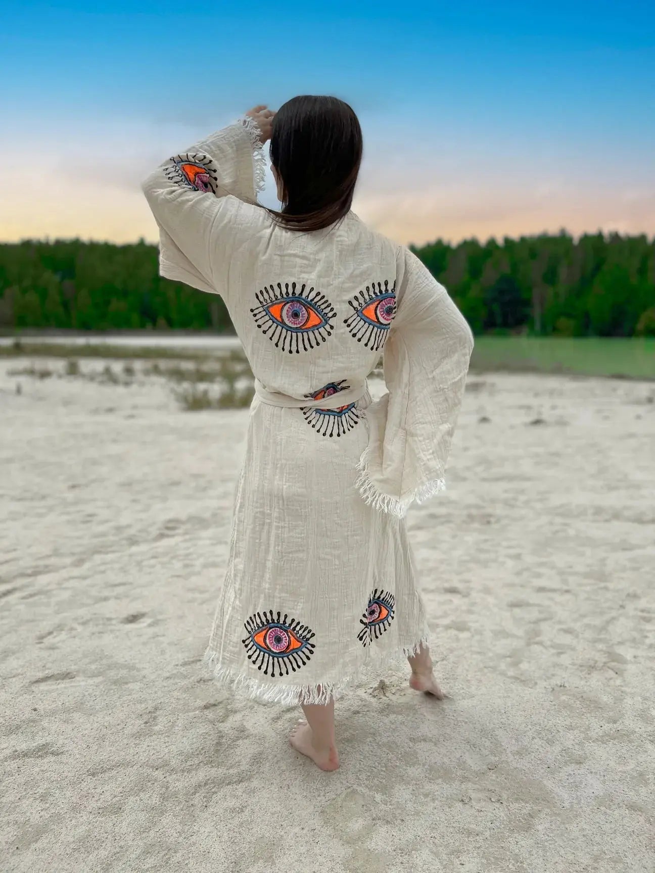 Organic Cotton One Size Neon Women's Kimono Robe with Evil Eye Design - Perfect for Spa, Beach Cover-Up, Yoga & Boho Loungewear