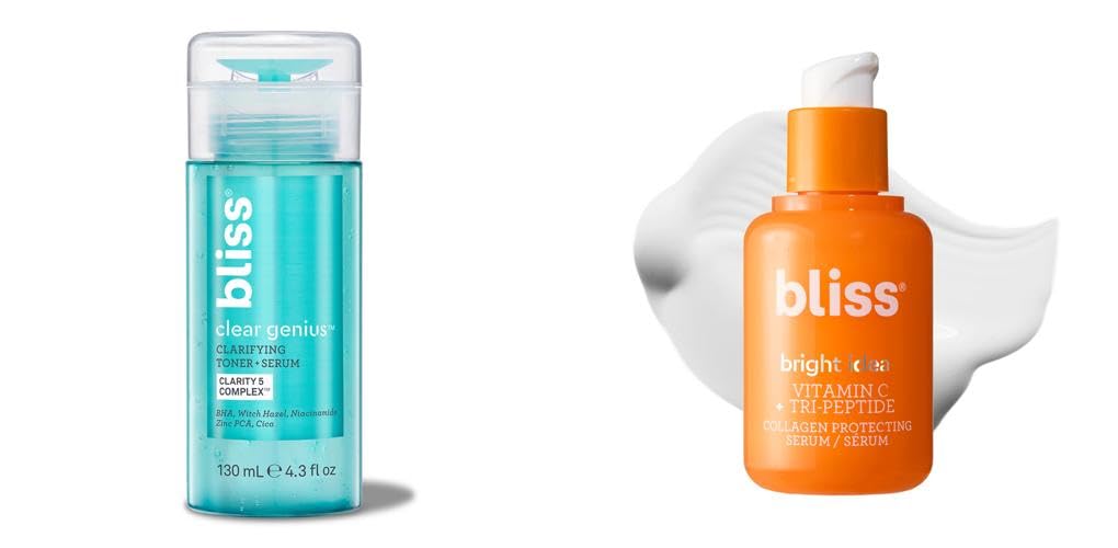 Bliss Clear Genius Clarifying Toner & Bright Idea Vitamin C Serum - Vegan, Cruelty-Free Skincare for Acne-Prone Skin - Tri-Peptide Collagen Booster for Glowing Complexion | Perfect for Daily Skincare Routine & Nighttime Treatment