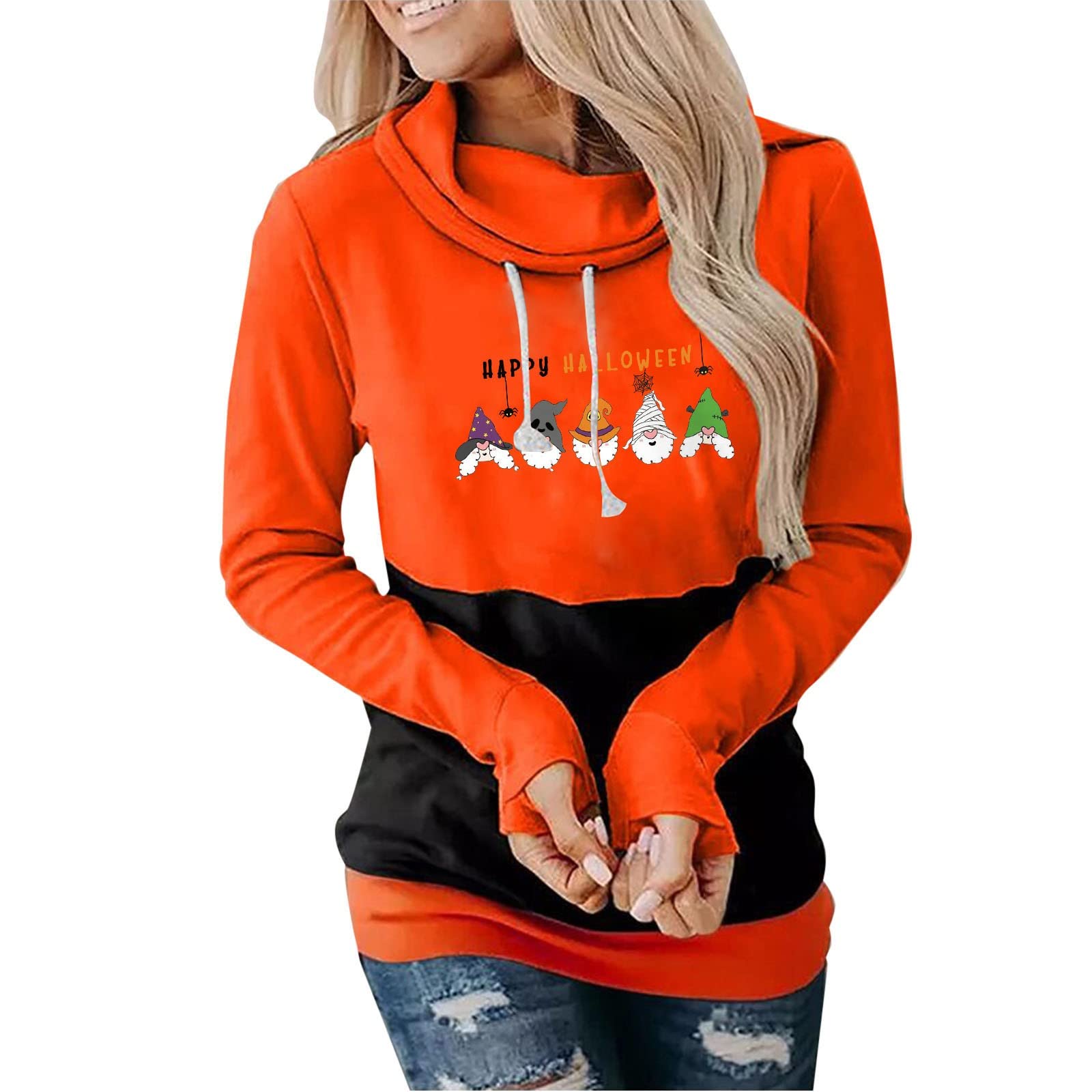 Women's Long Zip-Up Hoodie Sweatshirt - Halloween Graphic Pullover with Underarm Vents | Cozy Casual Wear for Fall, Winter & Outdoor Activities