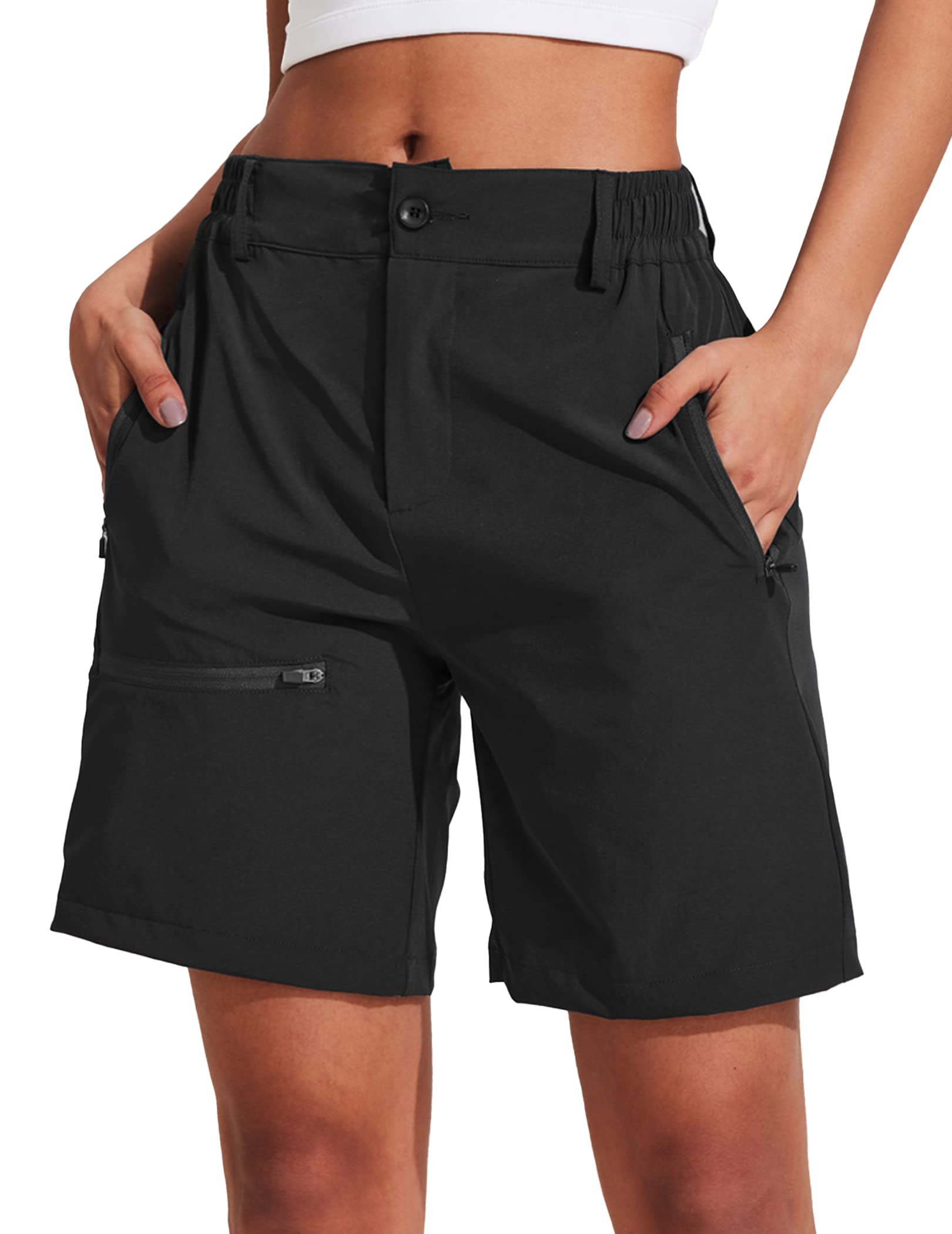 COOrun Women's Quick Dry Hiking Cargo Shorts with Zipper Pockets - Breathable Athletic Workout Shorts for Golf, Travel & Summer Outdoor Activities - Black (Size L)