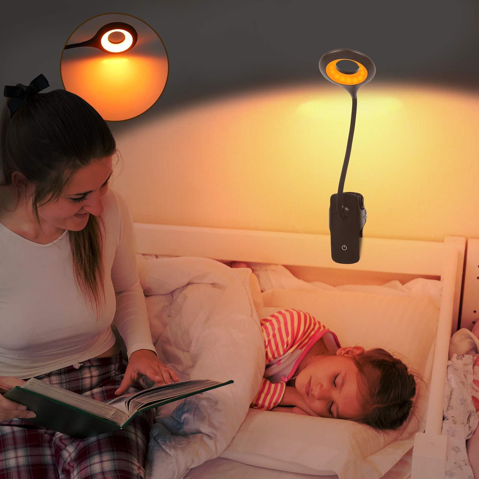 Rechargeable Clip-On Reading Light for Bed - Adjustable 5 Brightness Levels, Flexible Neck, Touch Control Dimmable Desk Lamp, Amber Night Light (Black) - Perfect for Reading in Bed, Studying, or as a Gentle Night Light