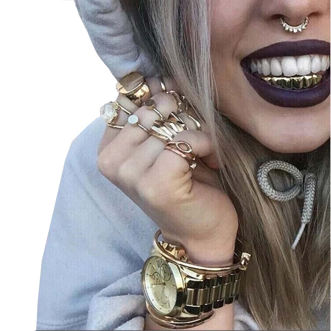 24K Gold Plated Custom Fit Hip Hop Teeth Grillz Set - Top & Bottom Removable Grill Caps with 2 Silicone Molding Bars for Men & Women | Perfect for Halloween, Parties, Rap Performances & Punk Fashion Accessories