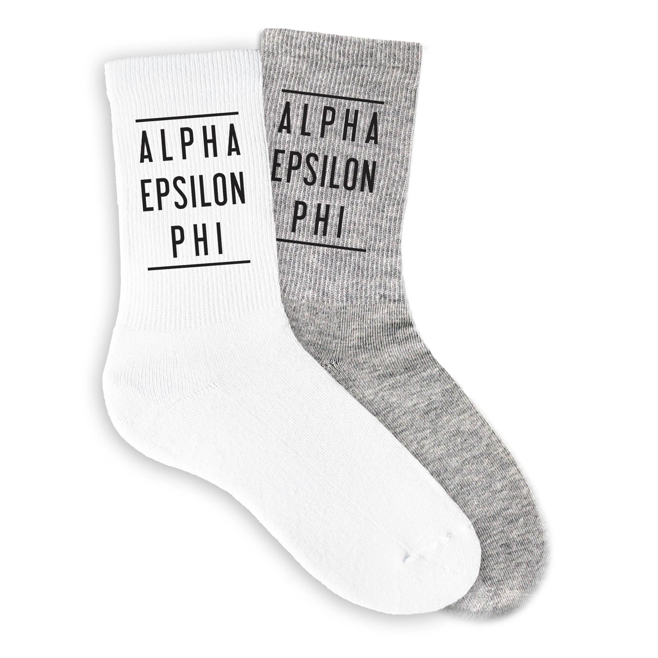 Sorority Socks for Women - Black Greek Letter Printed on White Crew Socks - Perfect for College Sorority Events, Gifts & Sisterhood Celebrations