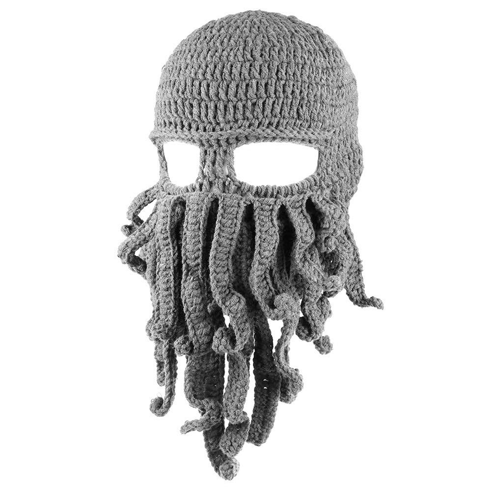 Unisex Knit Octopus Hat with Beard - Funny Cosplay Beanie & Facemask for Halloween, Christmas, and Costume Parties