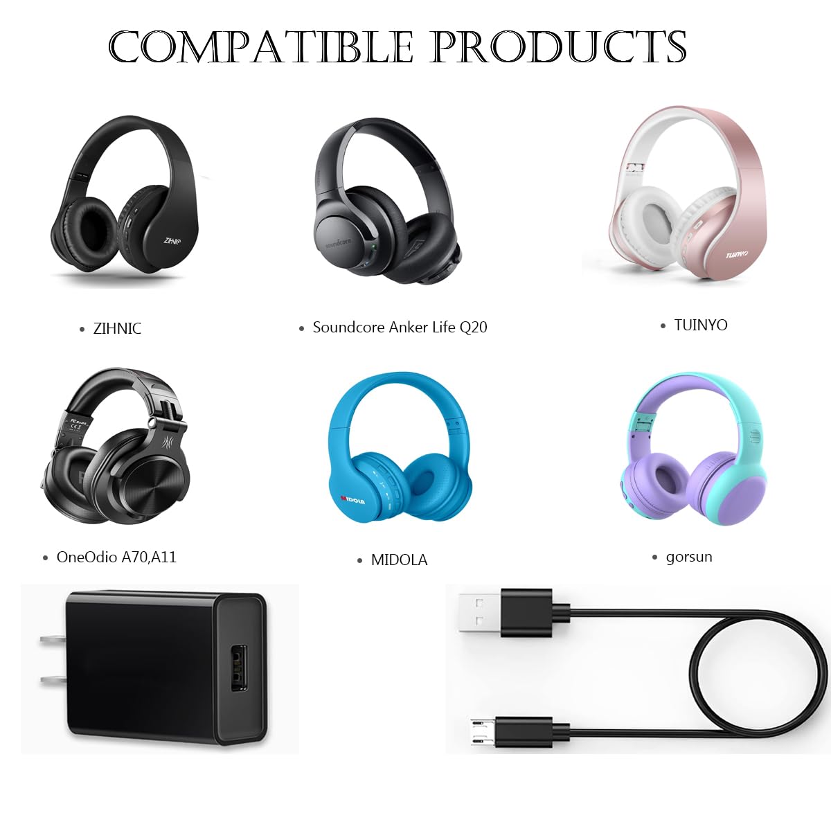 Premium Noise Cancelling Headphones Charger Cable - Compatible with ZIHNIC, Soundcore Life Q20, iJoy, MUSICOZY, TUINYO, OneOdio A70/A11, MIDOLA & Gorsun Wireless Bluetooth Headphones - Fast Micro USB Charging Cord for Home, Office & Travel Use