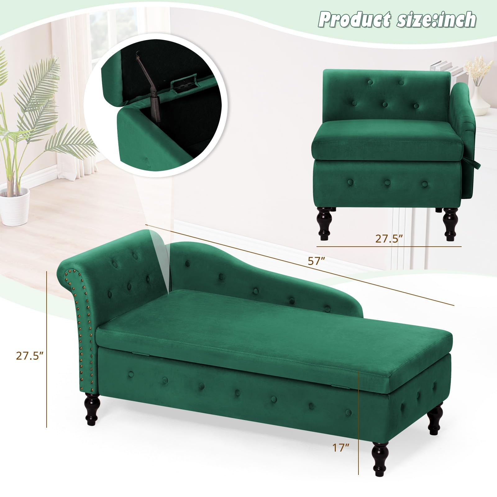 Velvet Upholstered Chaise Lounge with Left Armrest & Lumbar Pillow - Button Tufted Storage Sofa, Modern Lounge Chair for Bedroom, Living Room & Office - Green | Perfect for Small Spaces, Reading Nook & Relaxation