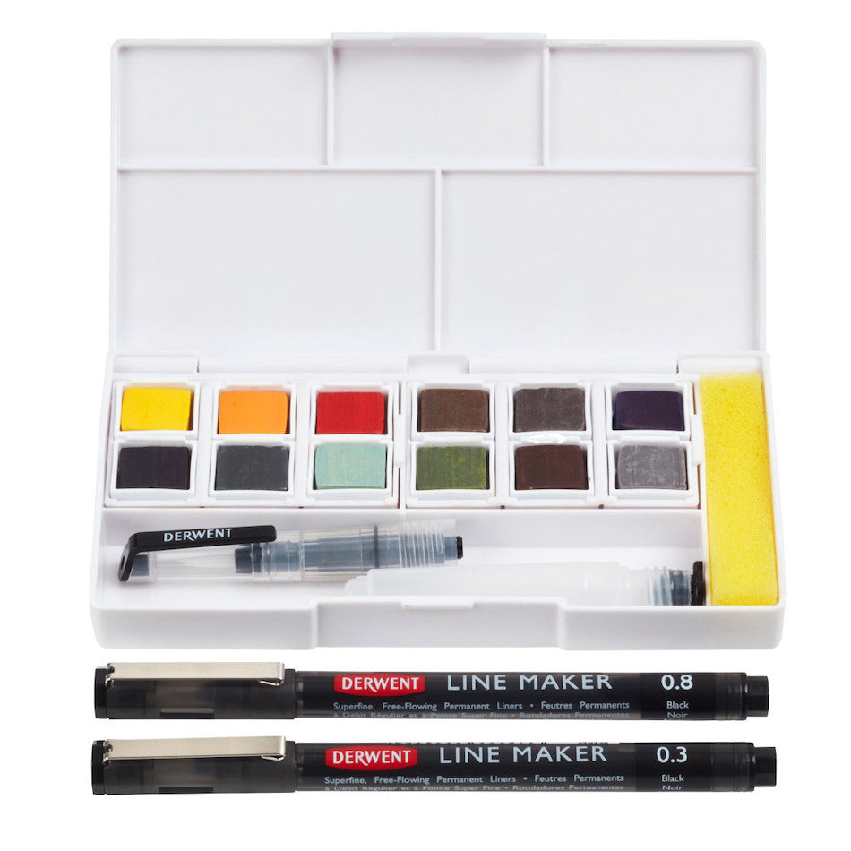Derwent Line and Wash Paint Pan Set - 12 Watercolor & Ink Paints for Artists - Perfect for Sketching, Illustration & Mixed Media Art Projects
