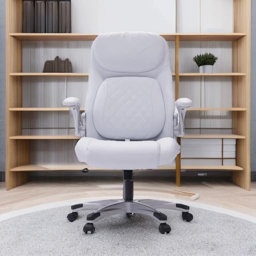 Nouhaus Ergonomic Office Chair with Posture Support - PU Leather Executive Desk Chair with Adjustable Lumbar Support & Flip-Up Armrests - Modern Computer Chair for Home & Office Workspace (White)