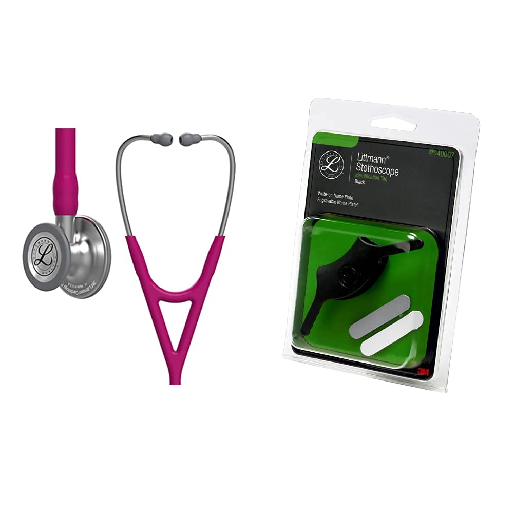 3M Littmann Cardiology IV Diagnostic Stethoscope - Standard Finish Chestpiece, Raspberry Tube, 27 Inch with Stainless Steel Stem & Headset (Model 6158) + Black Stethoscope ID Tag (40007) | Ideal for Medical Professionals, Nurses, Doctors & Healthcare Students for Accurate Heart & Lung Auscultation