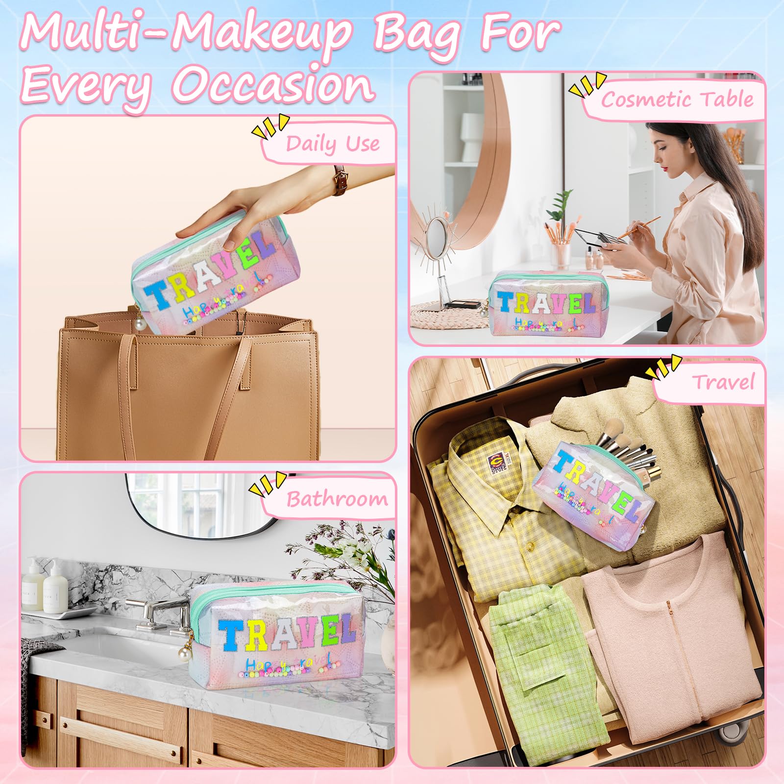 Stylish Colorful Preppy TRAVEL Letter Patch Makeup Bag - Large Capacity Cosmetic Organizer for Women & Girls, Holds More Makeup & Toiletries - Perfect for Daily Use, Travel, Gym & Weekend Getaways