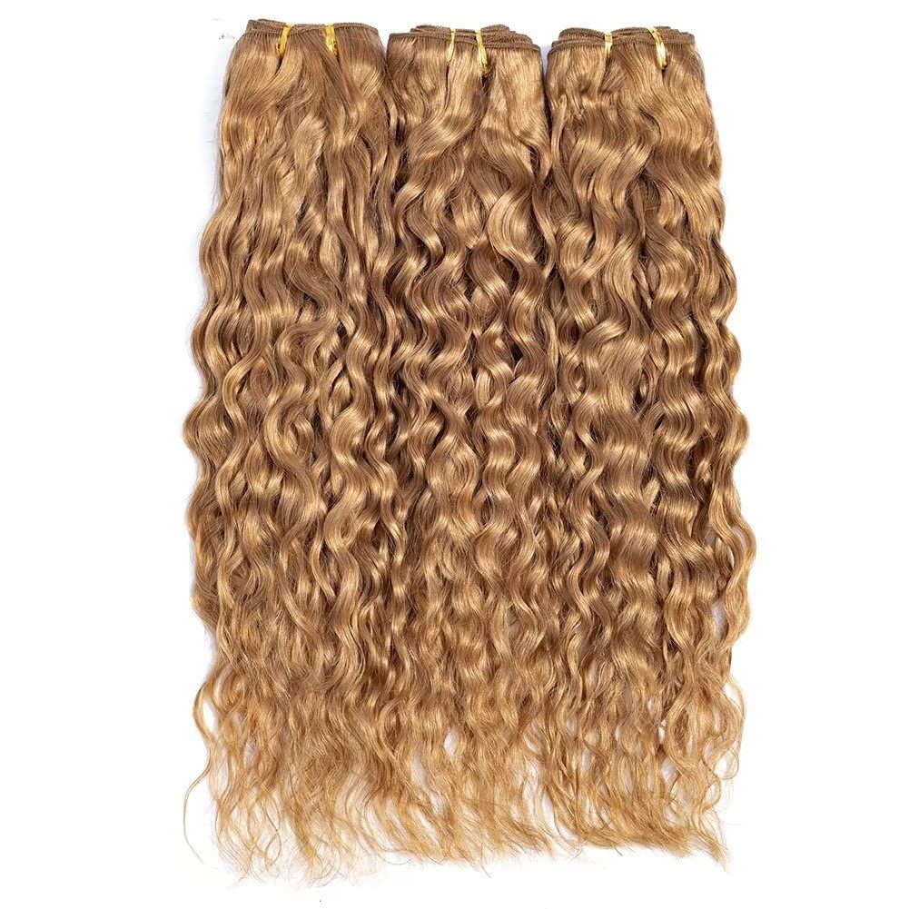 Brazilian Virgin Human Hair Extensions 3 Bundles 14 16 18 - Honey Blonde Water Wave Weave Bundles, Colored Wet & Wavy Curly Human Hair for Natural Look | Perfect for Daily Wear, Parties & Special Occasions