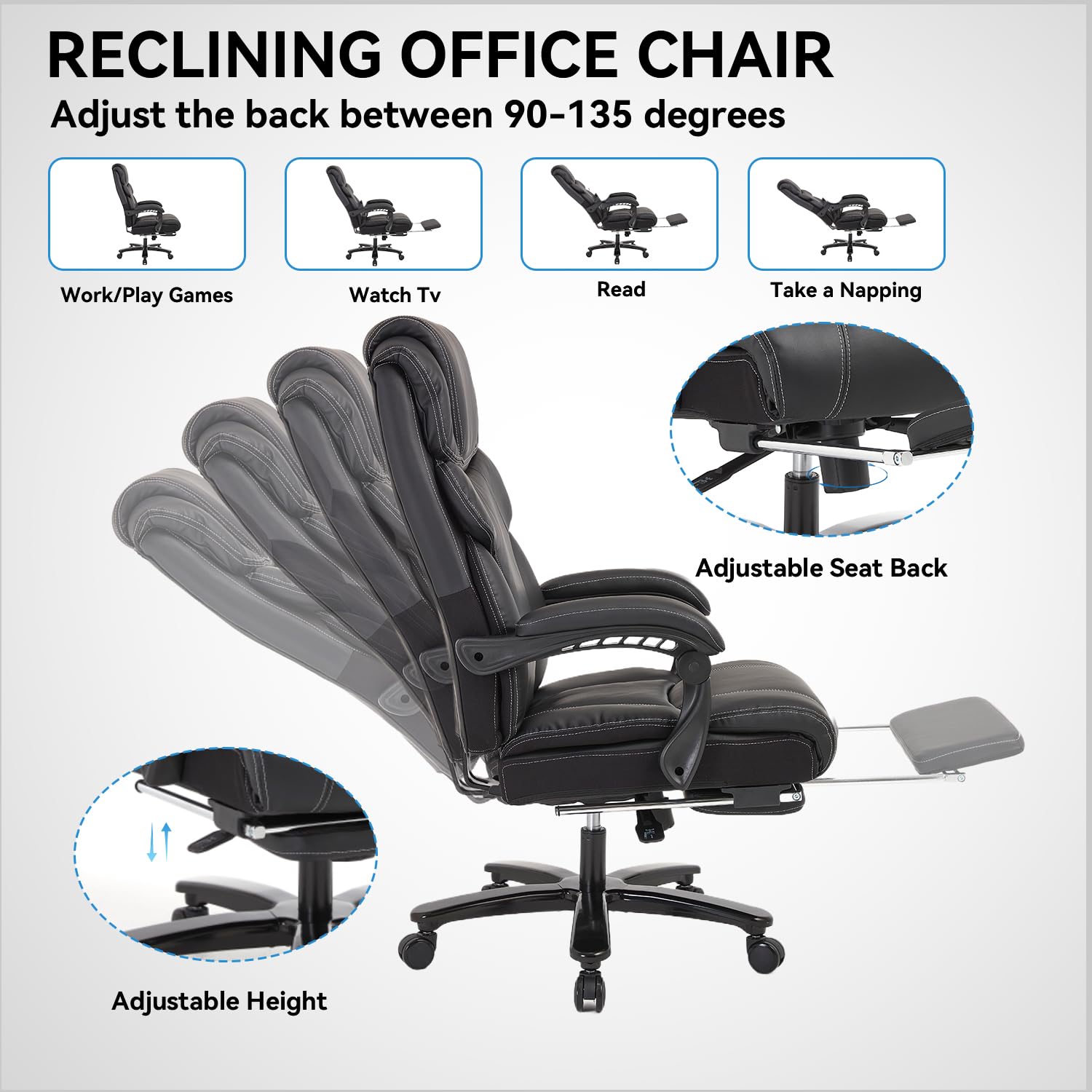 Premium KCREAM Reclining Office Chair with Footrest - Heavy Duty Big & Tall Executive Chair, 400lbs Capacity - Ergonomic Adjustable Back Support & Swivel for Home, Office & Gaming Use