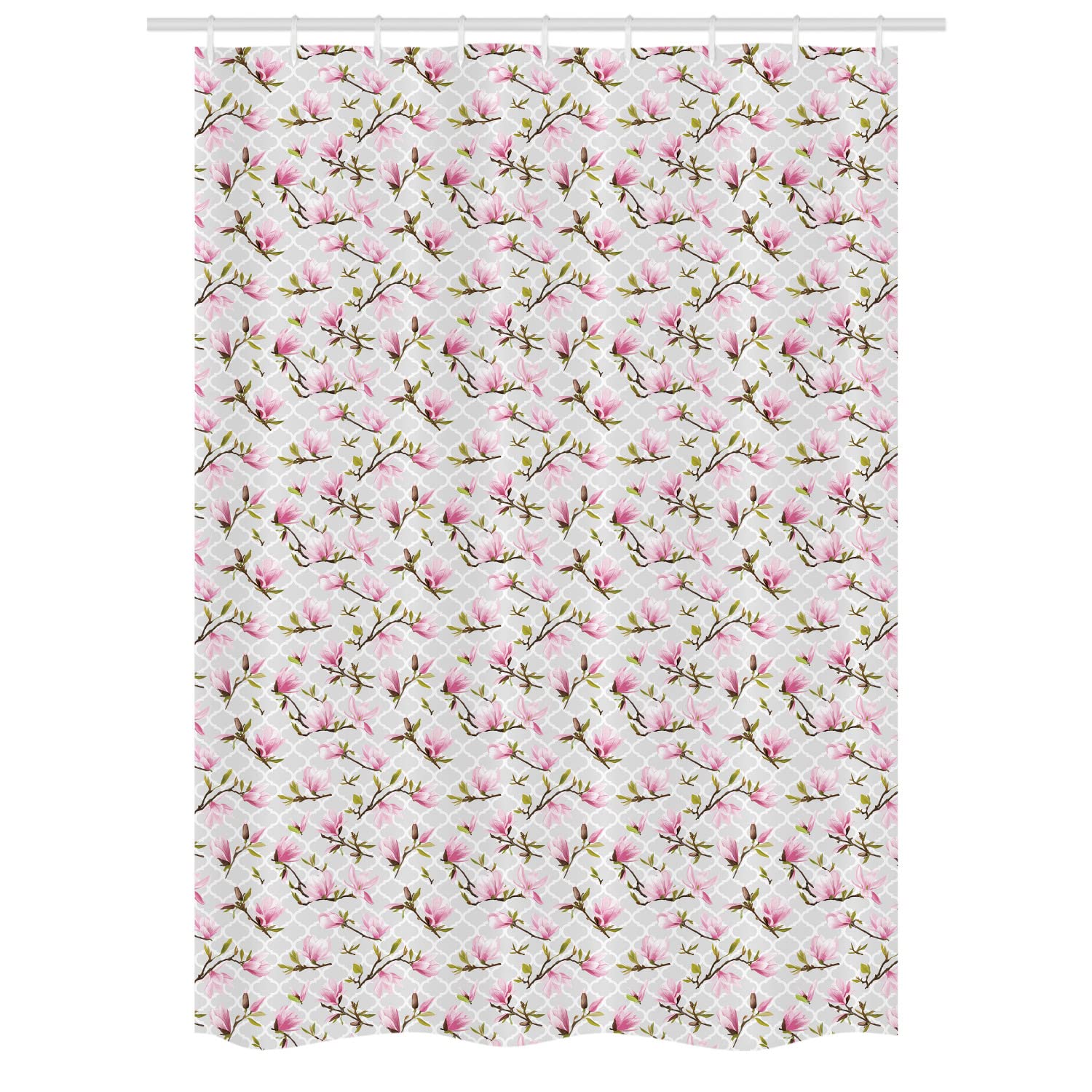 Ambesonne Vintage Stall Shower Curtain - Magnolia Leaves with Greyscale Quatrefoil Pattern, 54x78 Inch Bathroom Decor Set with Hooks in Pale Pink & Grey | Elegant Vintage Bathroom Decor for Home, Apartment, Hotel