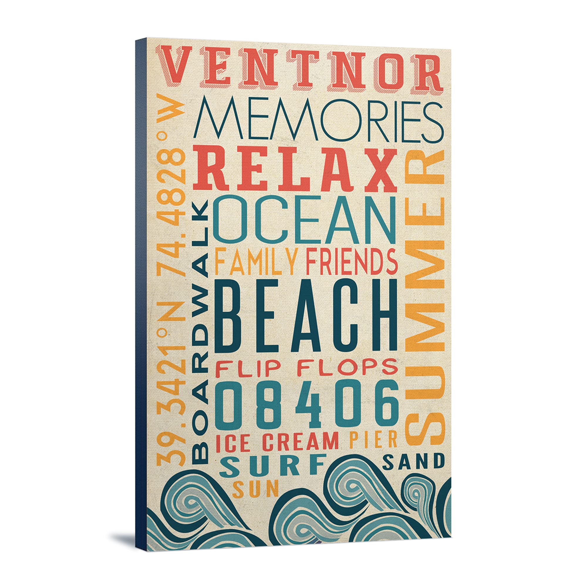 Lantern Press Ventnor New Jersey Typography Art - 16x24 Wrapped Canvas Wall Decor - Perfect for Living Room, Bedroom & Office Decor