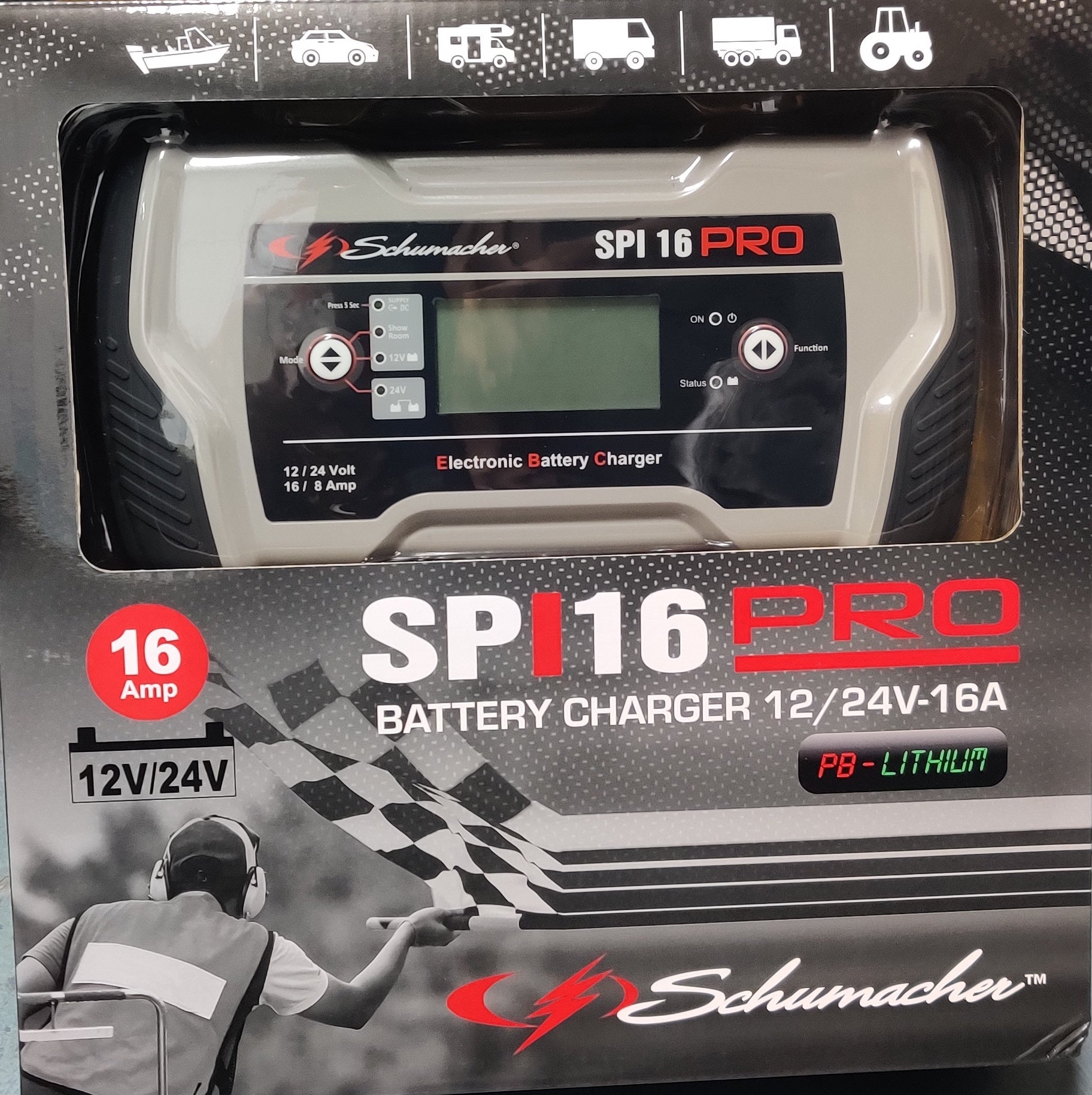 12V 16A / 24V 8A Smart Battery Charger with LCD Display - Fast Charging for Car, Boat, Motorcycle & RV Batteries - Perfect for Home, Garage & Outdoor Use