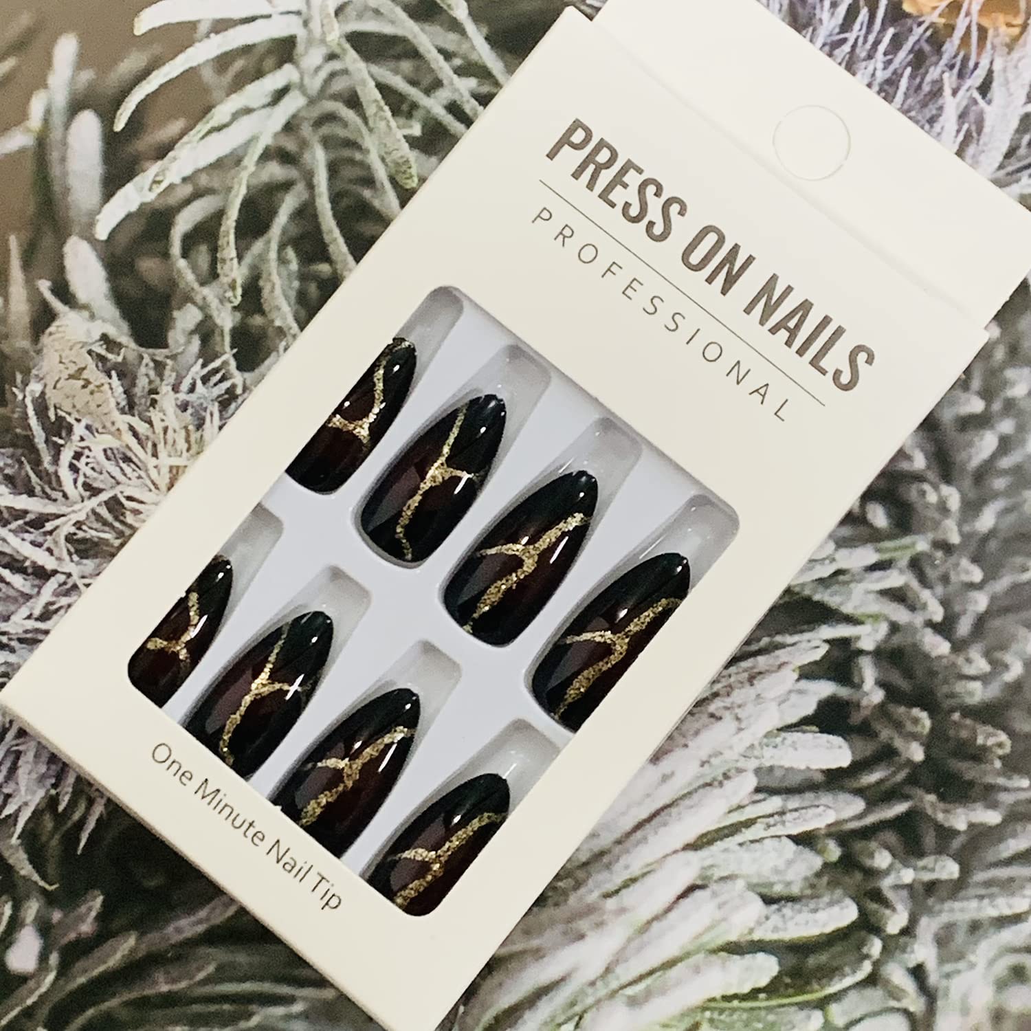 24PCS Black Full Cover Reusable Glossy False Nails Kit with Gold Lightning Designs - Medium Length Pointed Press on Nails, Acrylic Fake Nails for Women, Almond Shape Glue on Nails - Perfect for Parties, Weddings, and Special Occasions