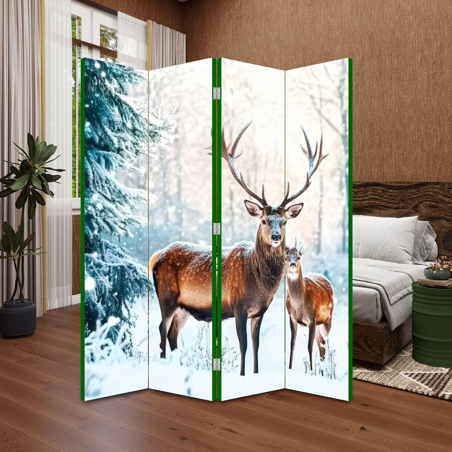 Wooden Room Divider with Deer & Snowy Winter Forest Design - 4-Panel Folding Privacy Screen for Home & Office - Christmas Decor, Dual-Sided Canvas Partition Wall for Indoor Spaces (Bedroom, Living Room, Studio)