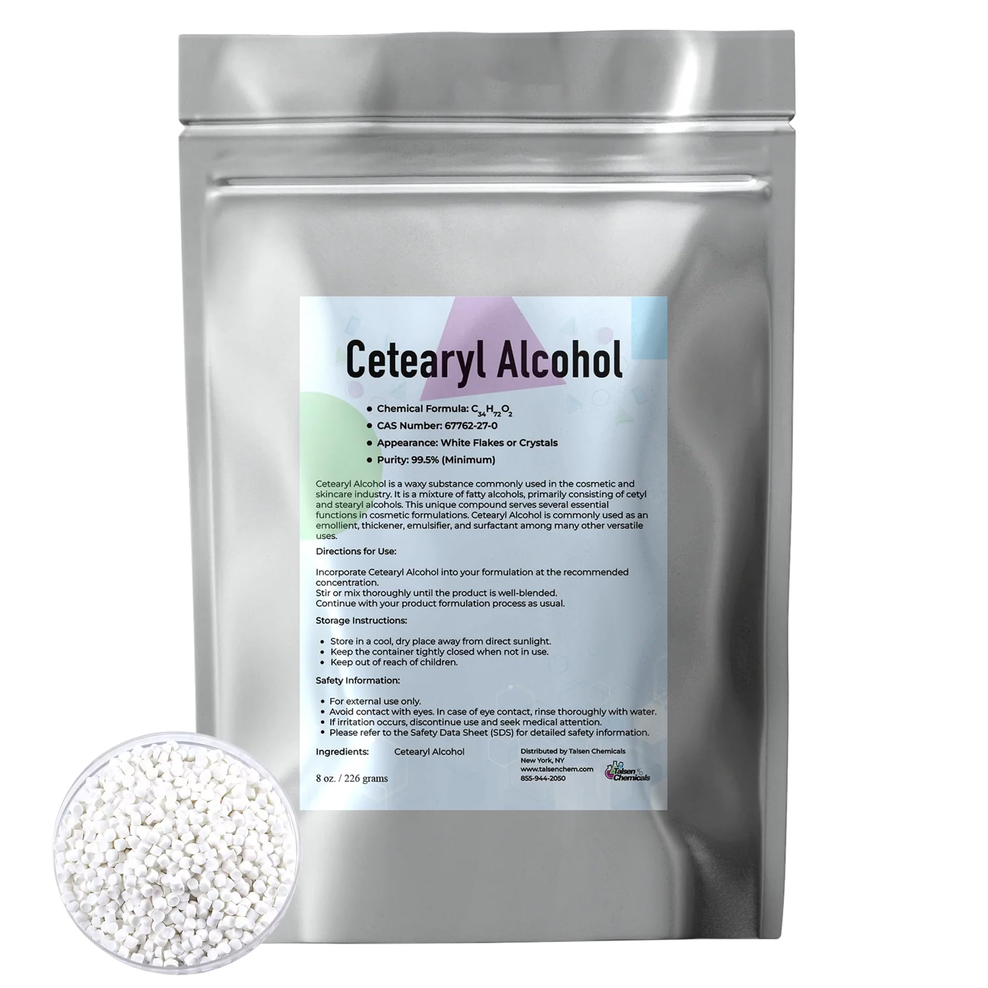Premium Cetearyl Alcohol 16 Oz (453.6g) - Organic Emulsifying Wax for DIY Cosmetics, Body Butter, Conditioners, Scrubs & Creams | Talsen Chemicals | Perfect for Homemade Skincare & Haircare Products